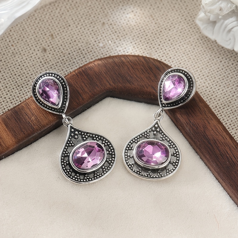 TEMU 1 Pair Of Retro Teardrop-shaped Pendant Earrings, With Purple Synthetic Zirconia, Is A Perfect Daily Vacation Accessory For Women And A Perfect