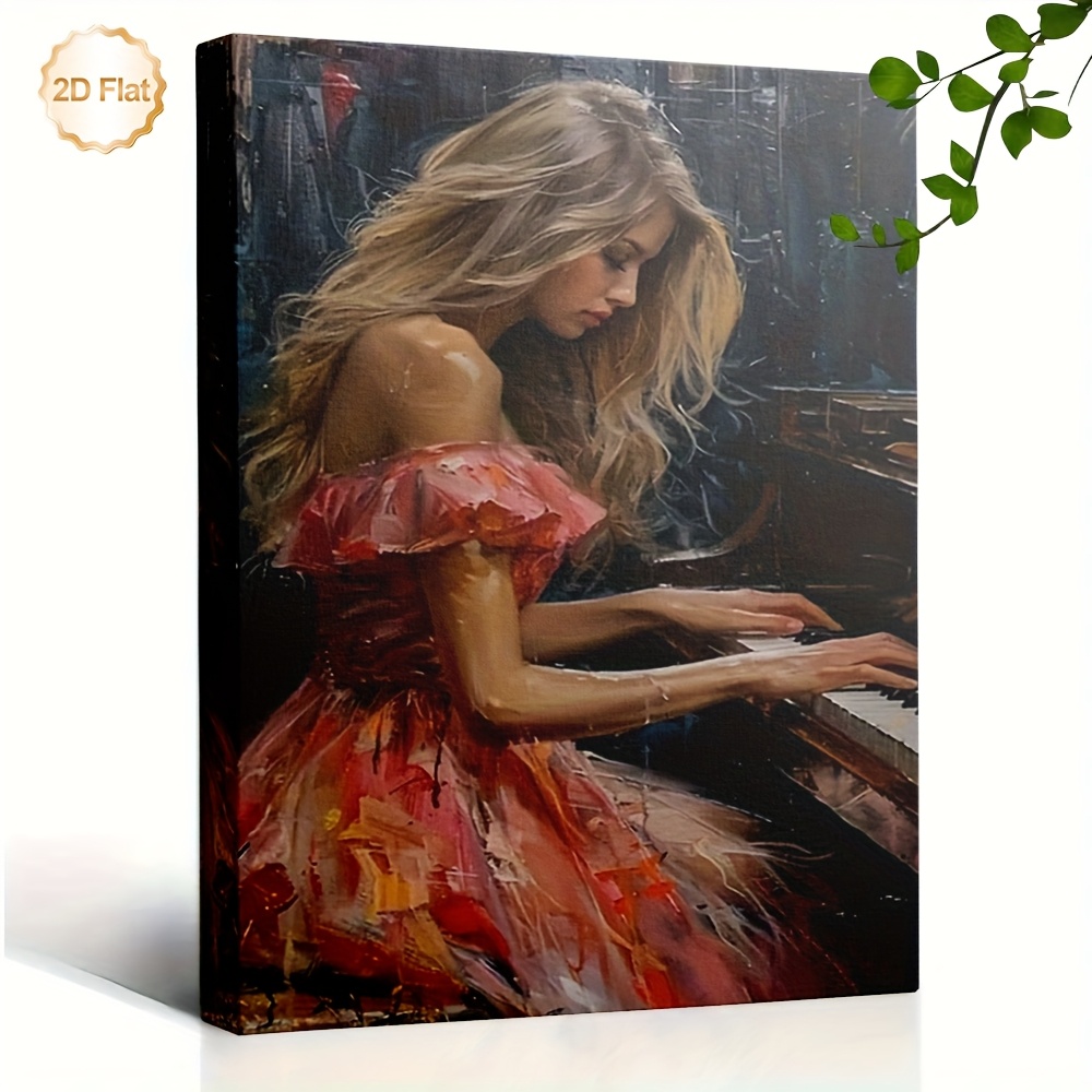 lady in red dress playing piano painting Abstract Music Wall Art 