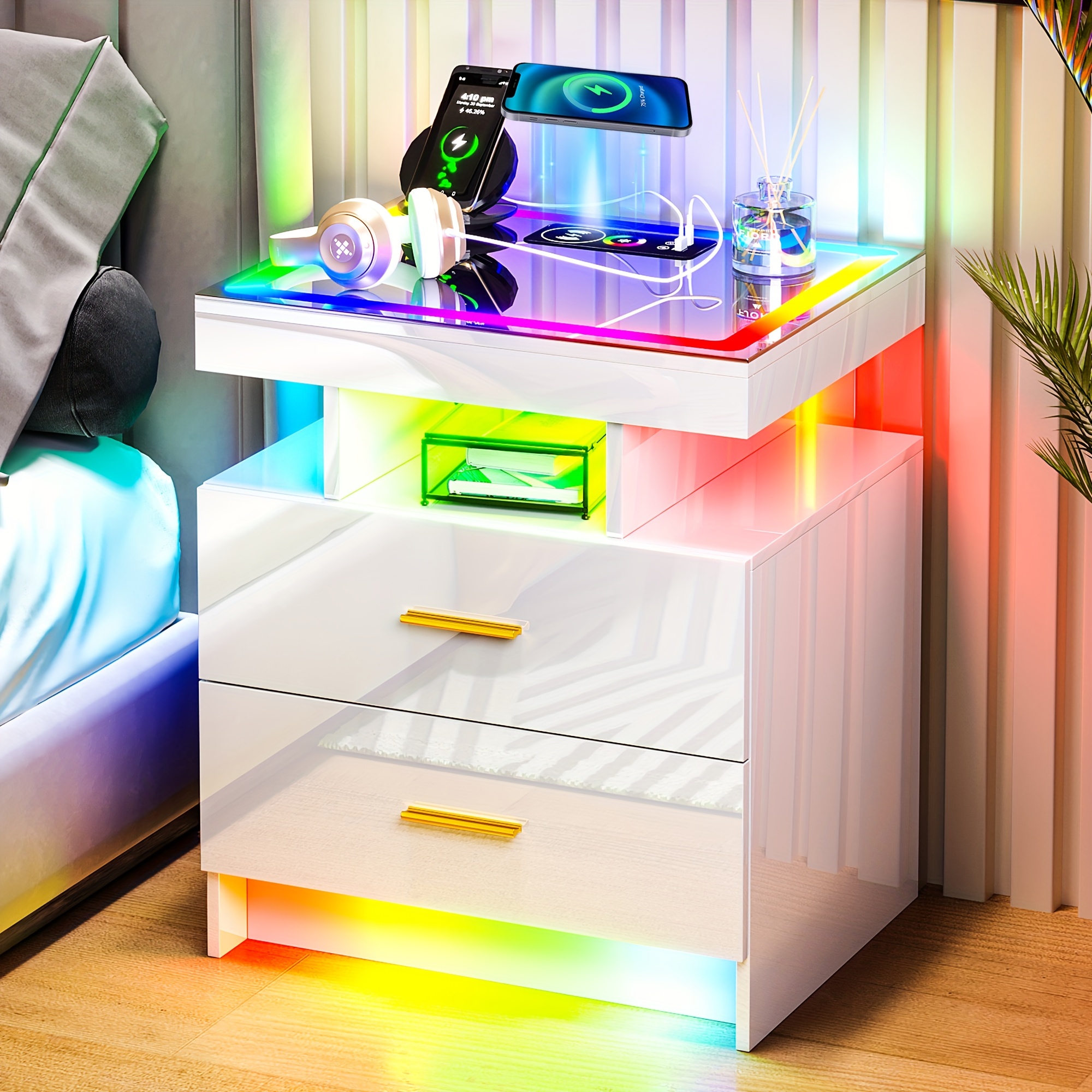 

Hnebc Auto Led Nightstand With Wireless Charging Station, High Gloss Smart Night Stand With Drawer And Rgb Dynamic Lighting, Modern Bedside Tables For Bedroom, End Table
