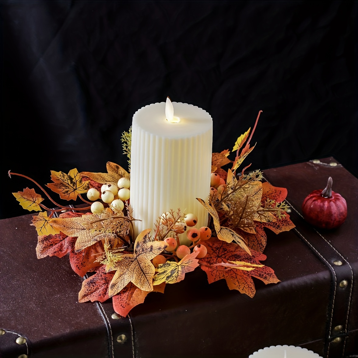 

Autumn Maple Leaf Candle Ring Centerpiece - 1pc Plastic Faux Floral Wreath, Seasonal Tabletop Decor For And Fall Celebrations, Candle Not Included