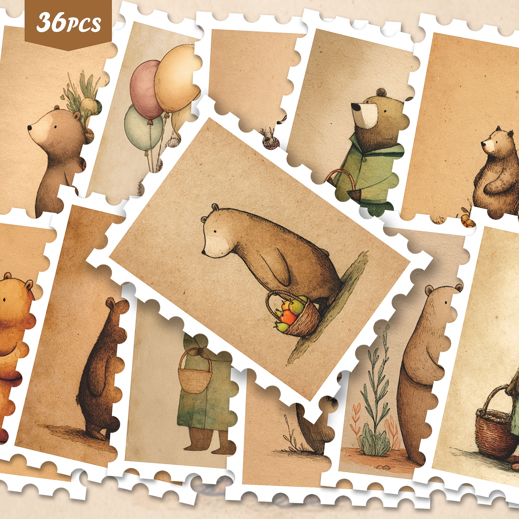 Image of 36pcs Cute Bear Illustration Stickers Pack | Gentle Vinyl Decals With Bear & Floral Designs | Self, Matte End, Irregular Shapes | Ideal For Laptop, Water Bottle & Gift | For & Calm Vibe Enthusiasts