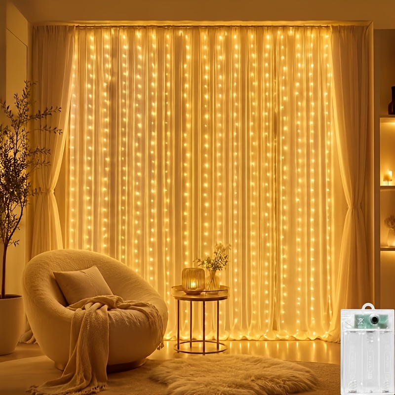 TEMU × Warm- Curtain Lights Equipped With 300 Led Bulbs And 8 Lighting Effects. Battery-powered. Suitable For Bedrooms, Weddings, Christmas, And All