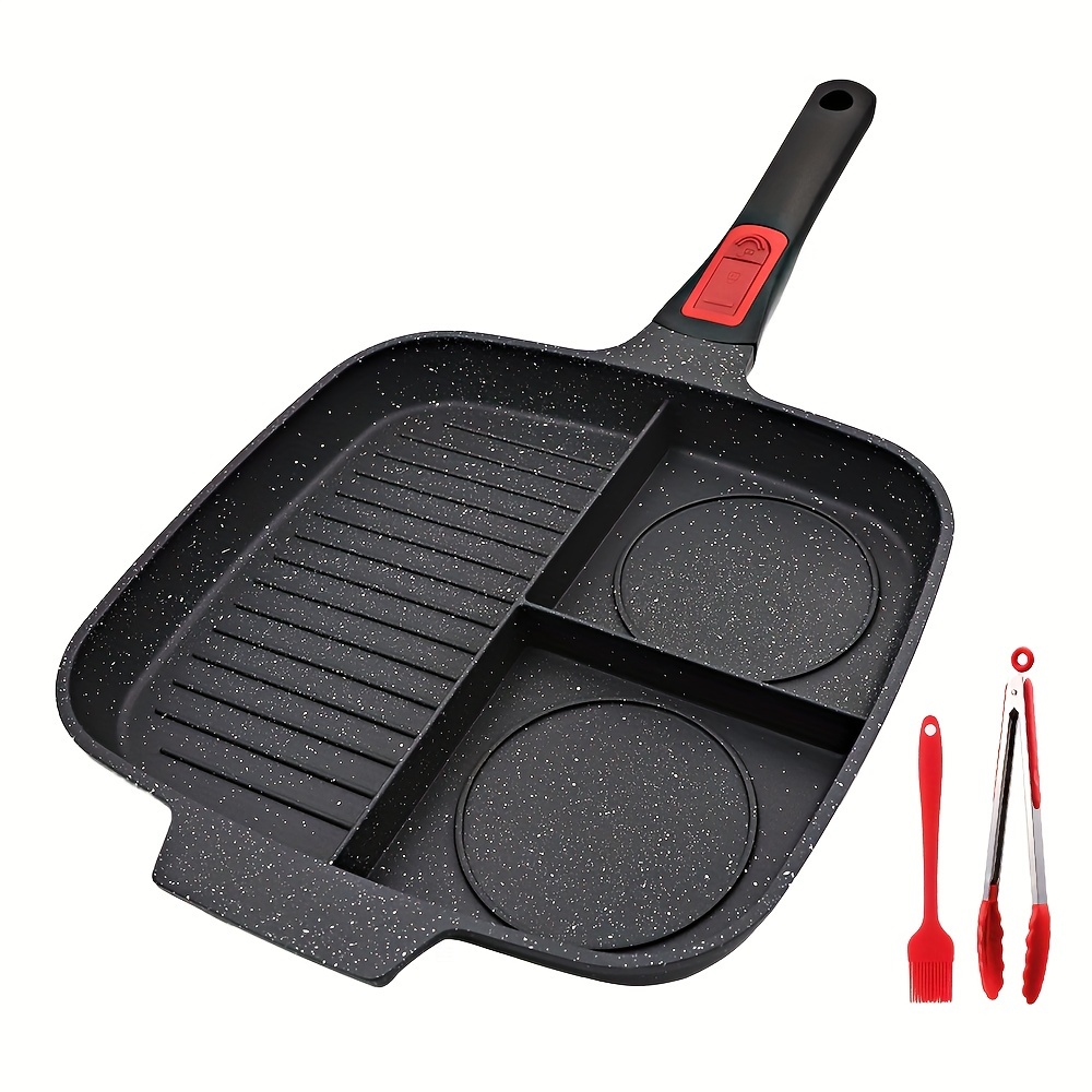 

3 In 1 Grill Pan With Detachable Handle, Suitable For All Stove Tops, Nonstick Versatile Griddle Divided Pan, Square Skillet Pfoa Free