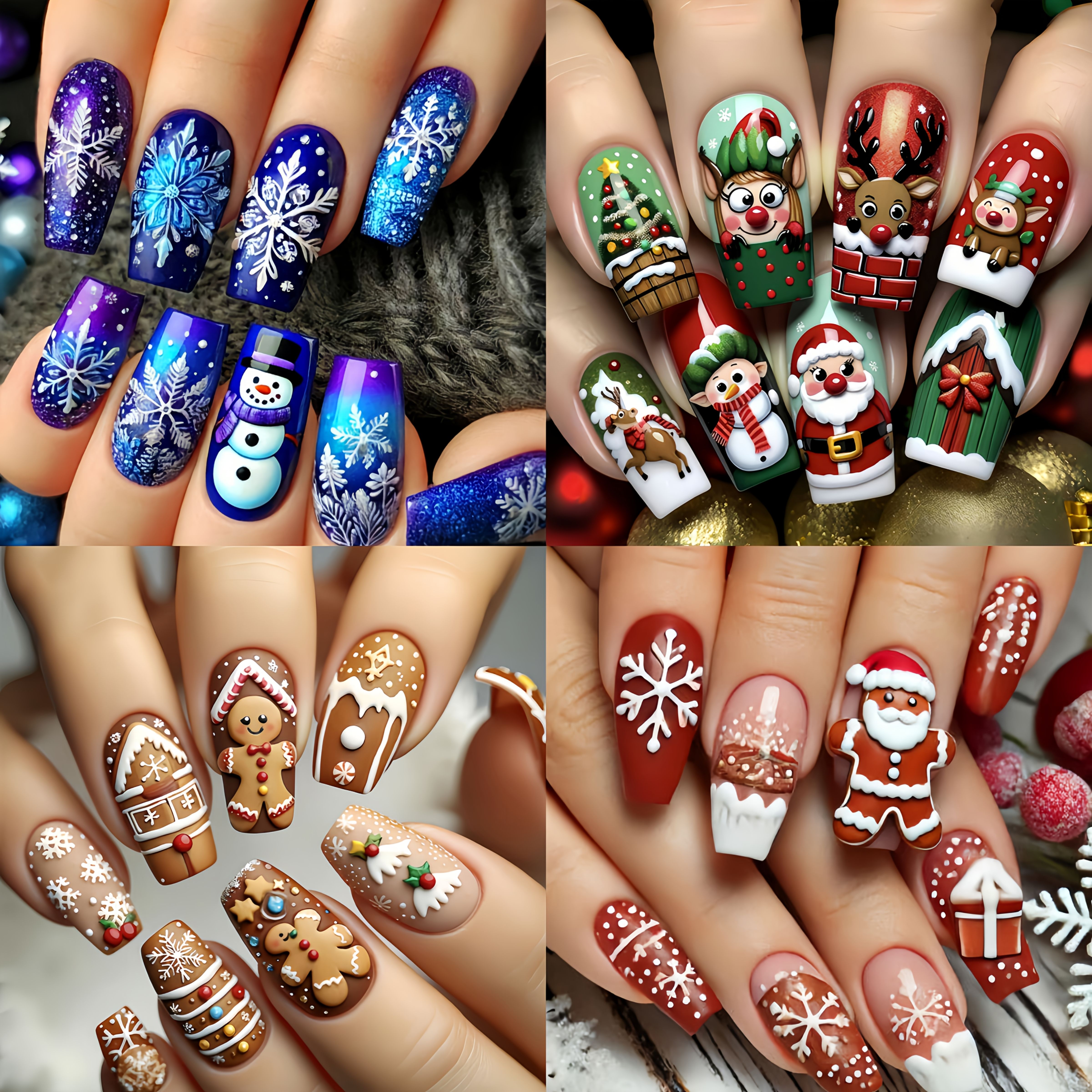 Image of 96pcs Christmas Press-on Nail Set, Press-on Fake Nail Kit With 3d Cookie For Man And Santa Claus Patterns, Mixed Style Removable Nail Stickers, Medium-length European Square Fake Nails