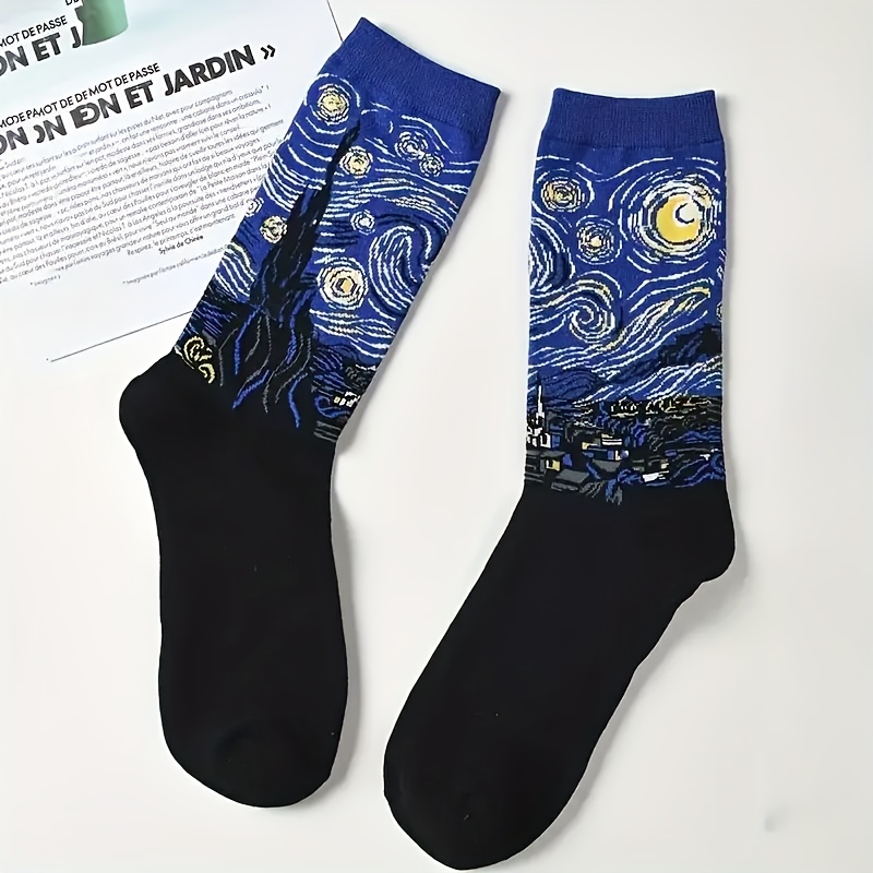 TEMU Une paire de chaussettes pour couple avec peinture à l'huile ciel étoilé, pour être unisexes, convient aux 38-44