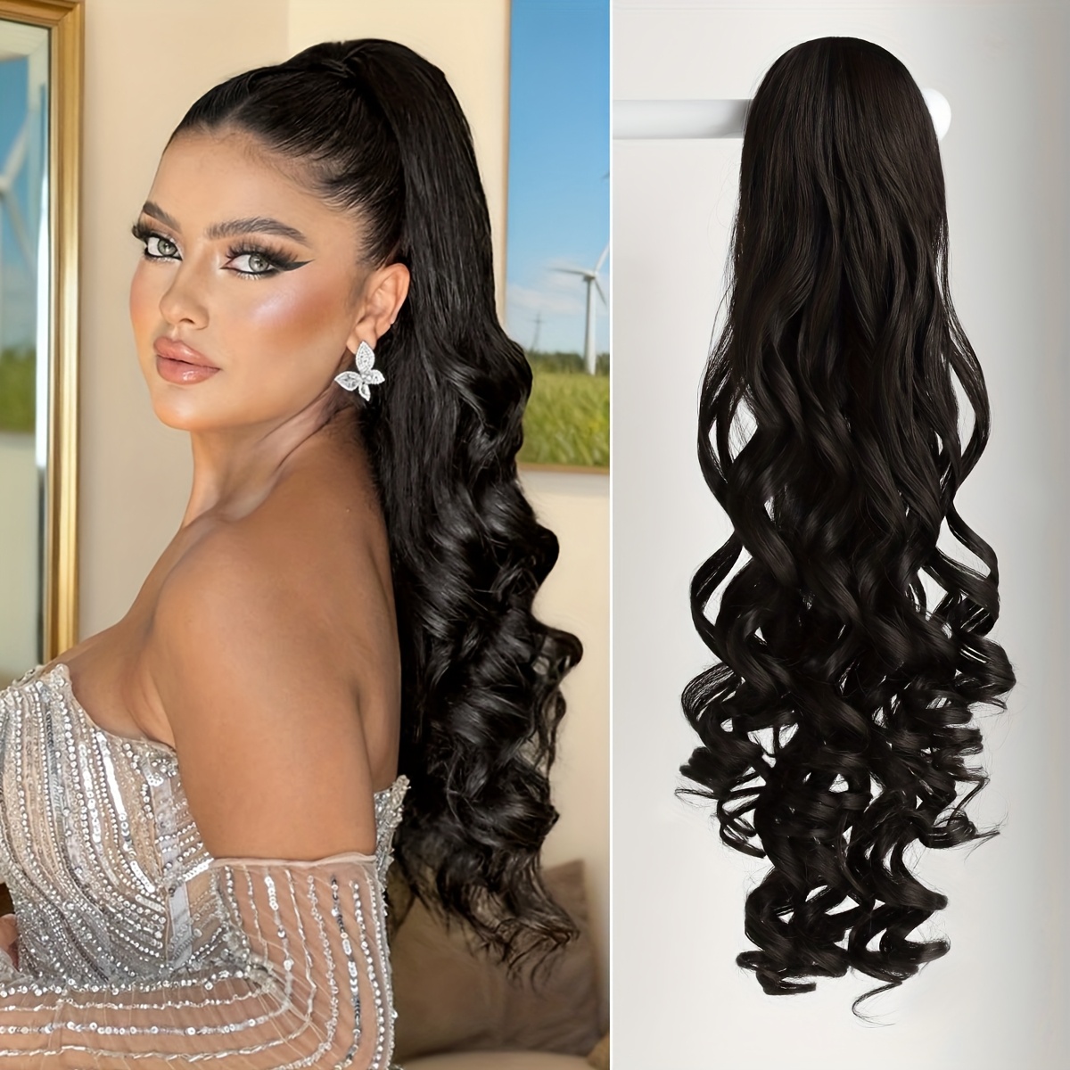 TEMU Ponytail Extension Drawstring Clip Style Hair Extensions, Black, Brown, , 28 Inch Deep Wave Synthetic Hair Patch, Suitable For Women's Parties