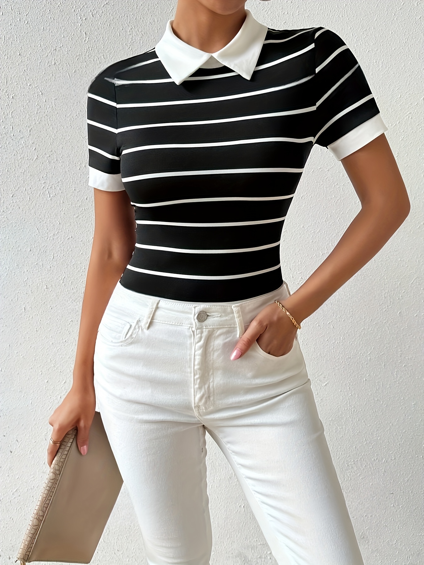 camisa elegante rayas negras blancas mujer manga corta Temu El