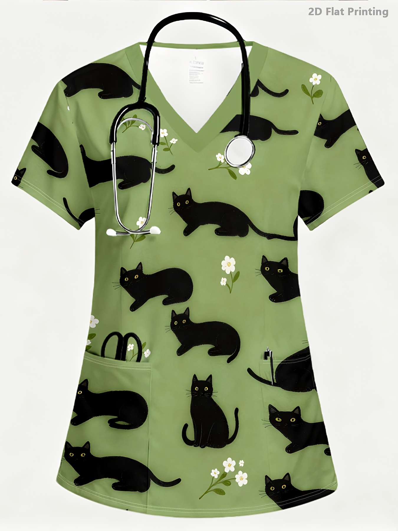 Cute Cat Scrubs PopScrub Cute Cat Letter Graffiti Cartoon Print Women's Nurse Scrub Top,  Spring/Summer Fashion V-Neck Short Sleeve Double Pocket Side Slit Workwear  School Work SHEIN UK main image 3