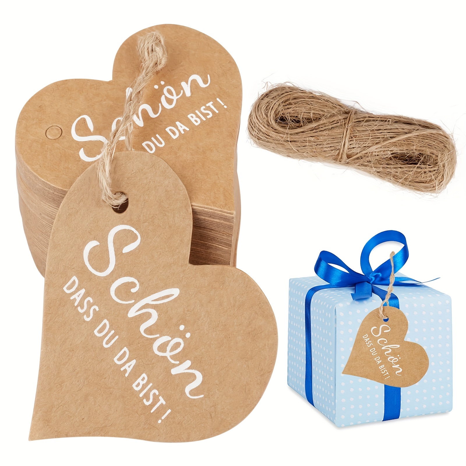 

100-piece Heart-shaped Kraft Paper Gift Tags With 20m String - Perfect For Wedding & Birthday Party Favors, Light Brown