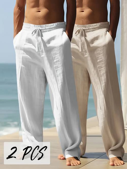 item picture 2pcs mens thickened linen pants 95 linen 5 polyester loose season with elastic waist and leg opening design breathable and warm casual equestrian pants beach pants suitable for indoor and outdoor activities versatile wear