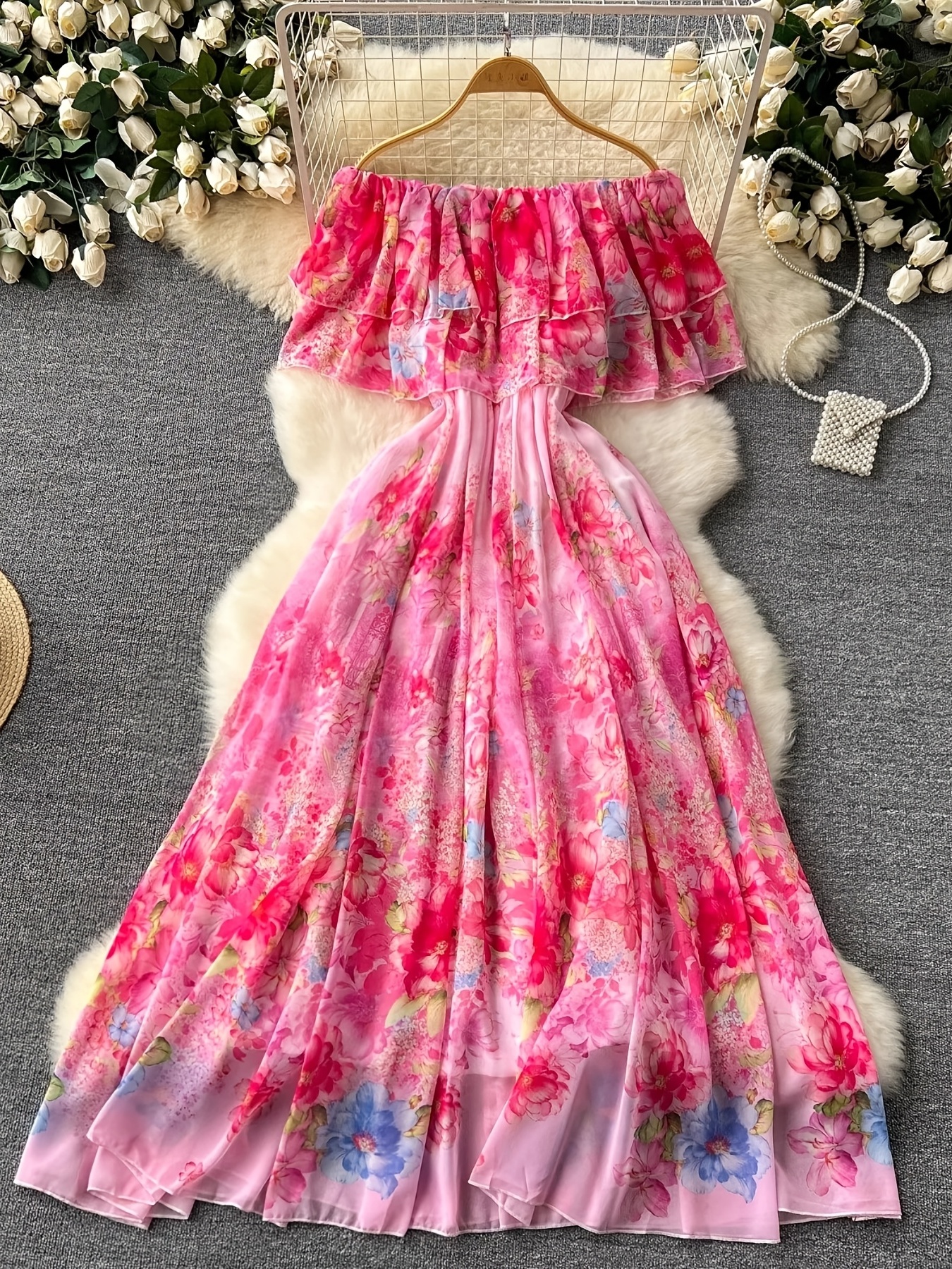 * * Print Elegant Tailored Dress Casual Women'S Clothing A-Line Dress  Fashion Summer Off-Shoulder Dress