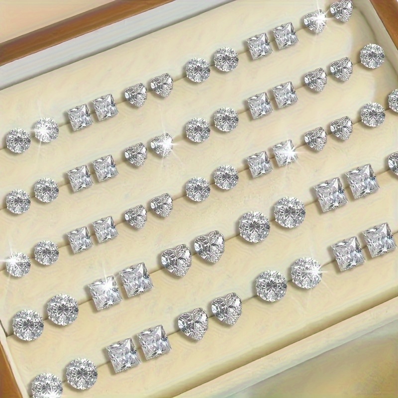 Image of 72pcs Women's Fashionable Geometric Heart-shaped Earrings Set | Classic Versatile Style, Suitable For Daily Wear, Party, Valentine's Day Gift, Synthetic Zirconia, Stainless Steel Ear Needles, Plated K