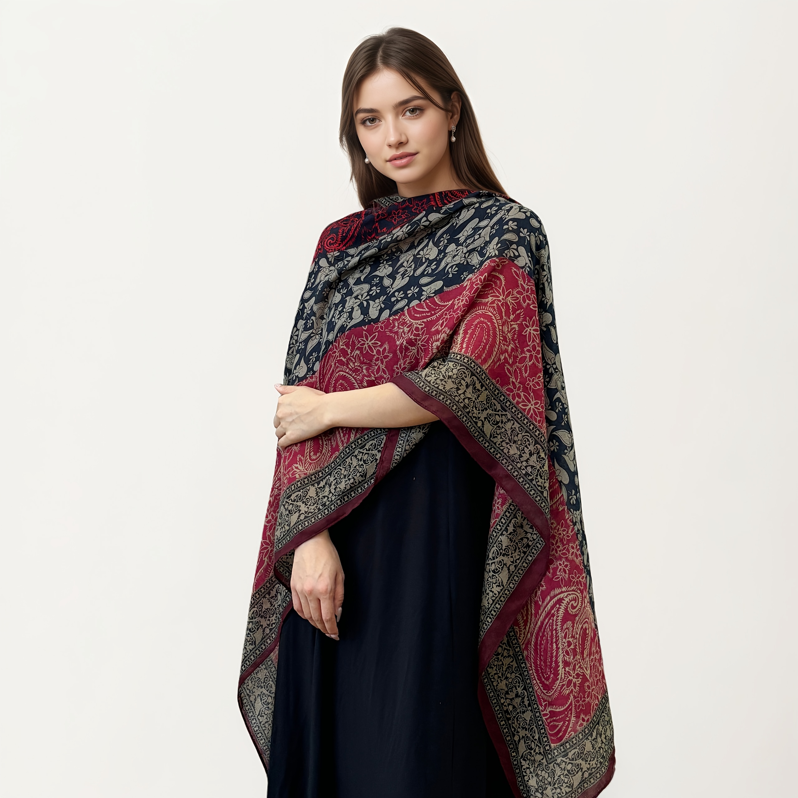 TEMU Écharpe-châle vintage à motif Paisley et blocs de couleur pour femme | Doublure à motif floral × Patchwork, bords avec de 'inspiration vintage |