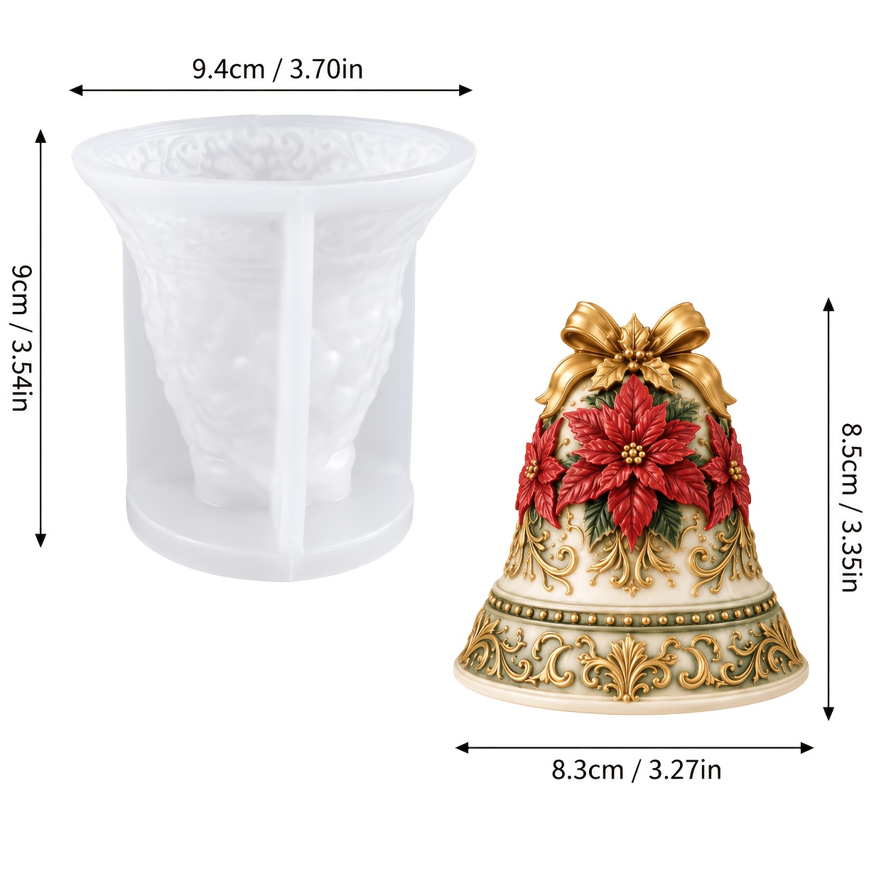 TEMU Stampi in silicone resina, stampi grandi 3D a forma di campana natalizia in silicone per candele, stampo per figure di fiocchi di Euphorbia, per