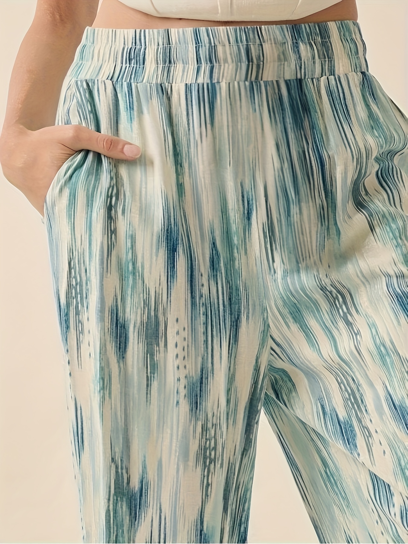 womens elegant abstract print wide leg pants loose comfortable trousers with blue white beige vertical stripes machine washable non stretch fabric for spring summer fall casual semi formal outfits details 1