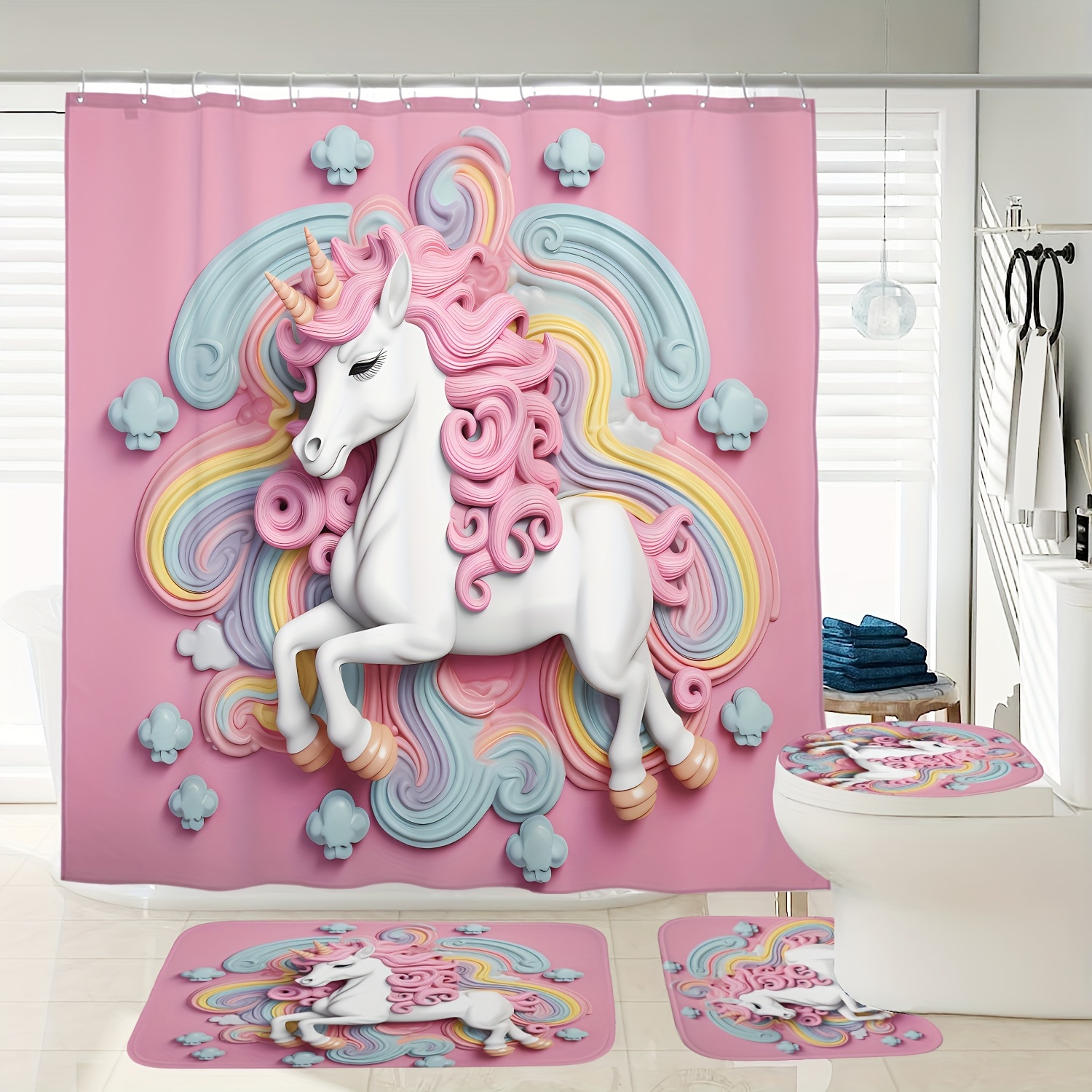 

1/3/4pcs Unicorn Pattern Printed Shower Curtain Bath Mat Set, Bathroom Decoration Shower Curtain Carpet And Lid 12 Plastic , 72 X 72