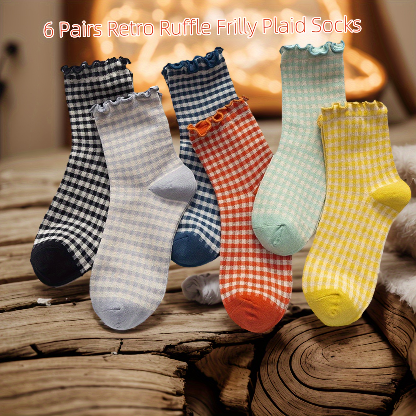 TEMU 6 Pairs Women's Cute Ruffle Colour Blocking Cotton Knit Casual Crew Socks, Casual Cute Ankle Socks, Breathable Knit Warm Soft Women's Socks