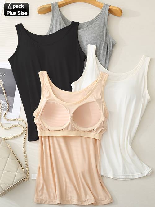 plus size 4pcs womens sleeveless camisole tank tops with built in bra pads stretchy fit solid color round neck casual elegant layering essentials versatile underwear smooth texture