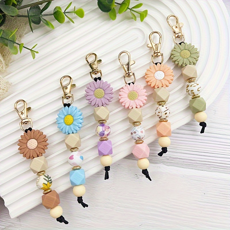 

1pc Bohemian Style Daisy Silicone Bead Keychain Bag Car Pendant Charm Keychain Pendant, Perfect For Gifting To Teachers And Friends