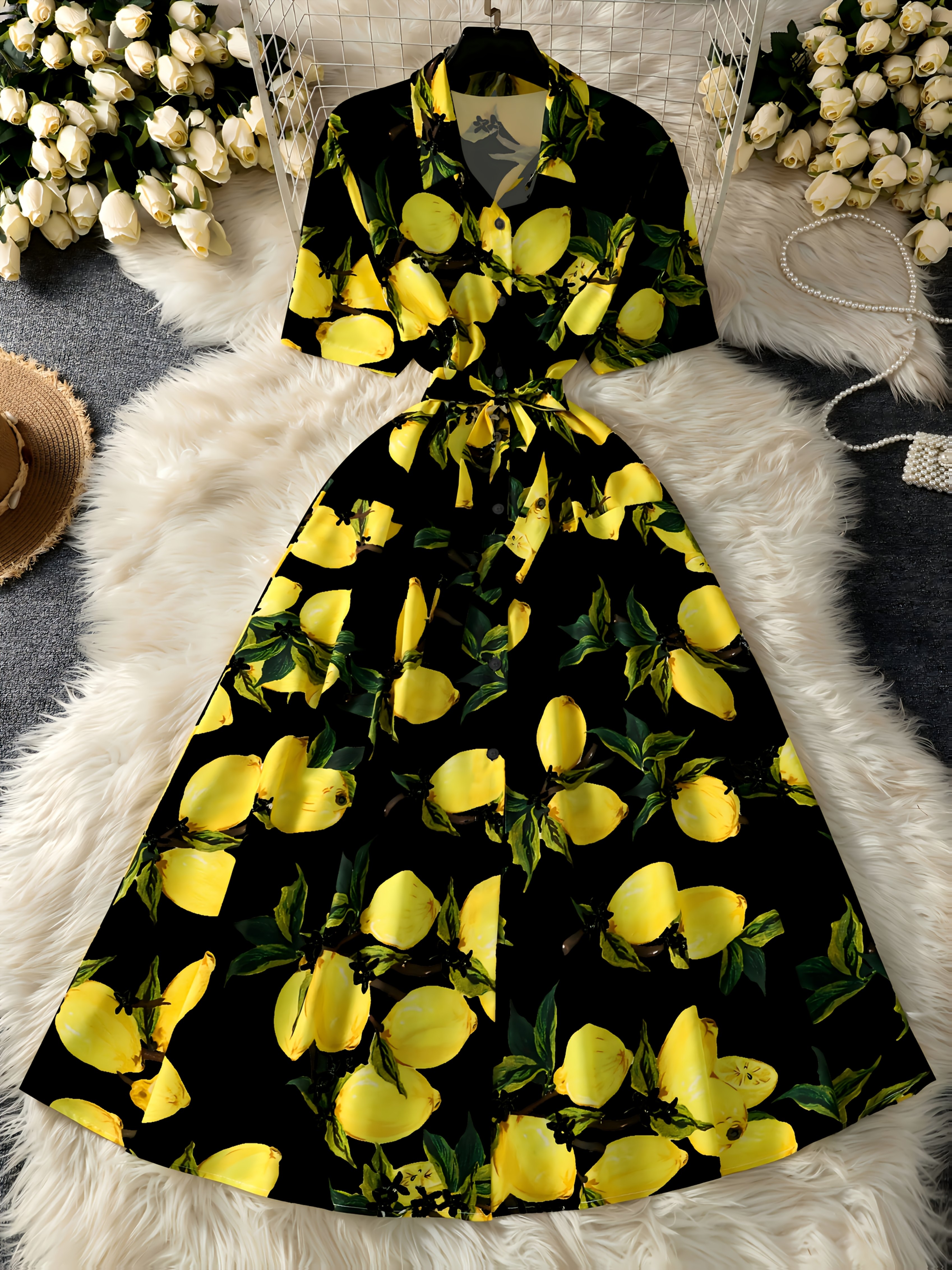 robe trapèze à imprimé citron vintage femmes manches courtes