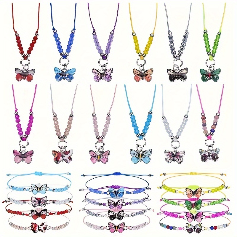 

24pcs Adjustable Friendship Jewelry Set - Elegantly Designed Colorful Butterfly Crystal Beaded Bracelets And Necklaces - Is Perfect For Everyday Wear, Gift-giving And Party Accessories, For School