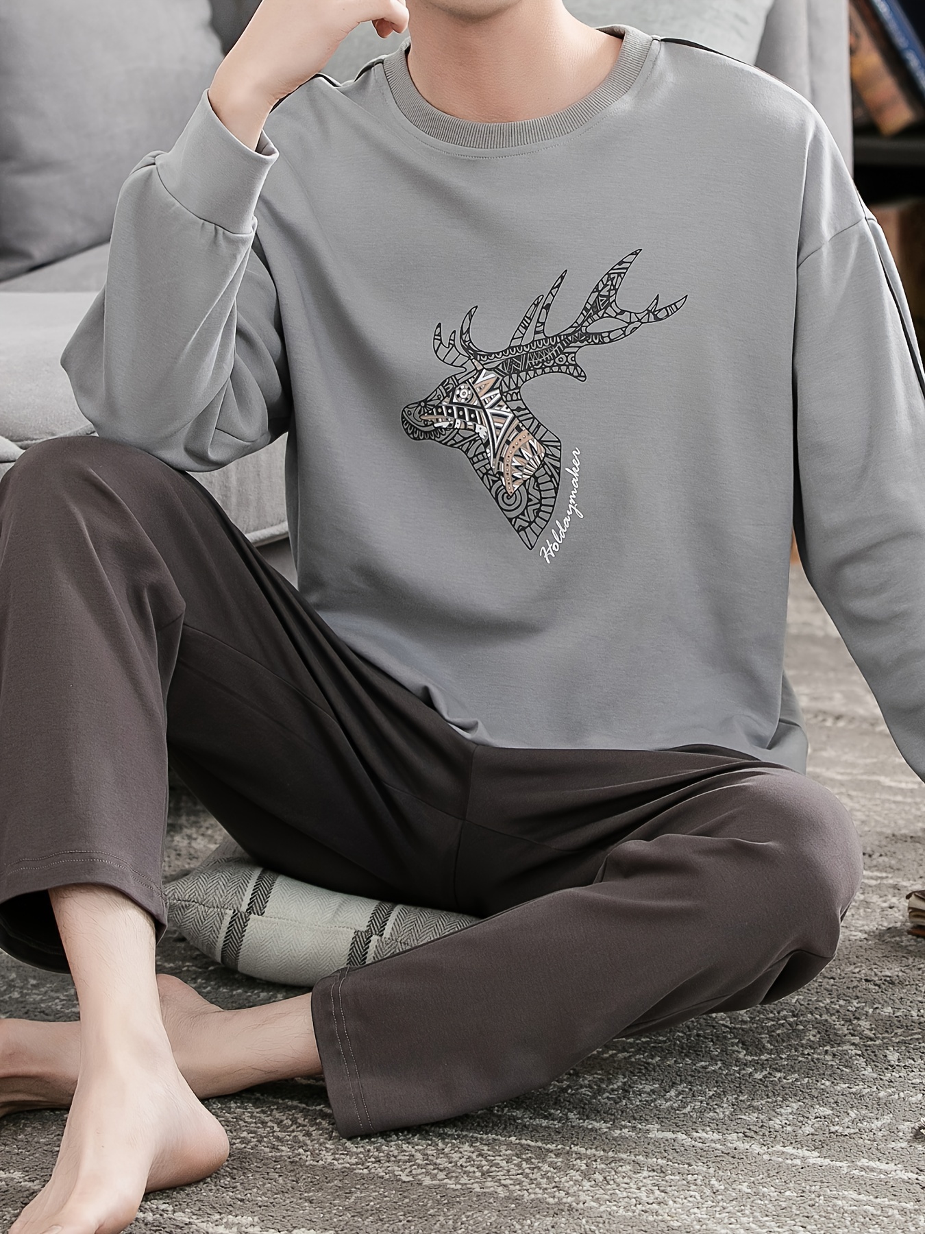Men's 100% Cotton Sleepwear Set - Casual Spring/Fall Pajama Sets with Crew Neck, Long Sleeve, Pocket Detail, Loose Fit Knit Fabric - Comfy Solid Color Loungewear