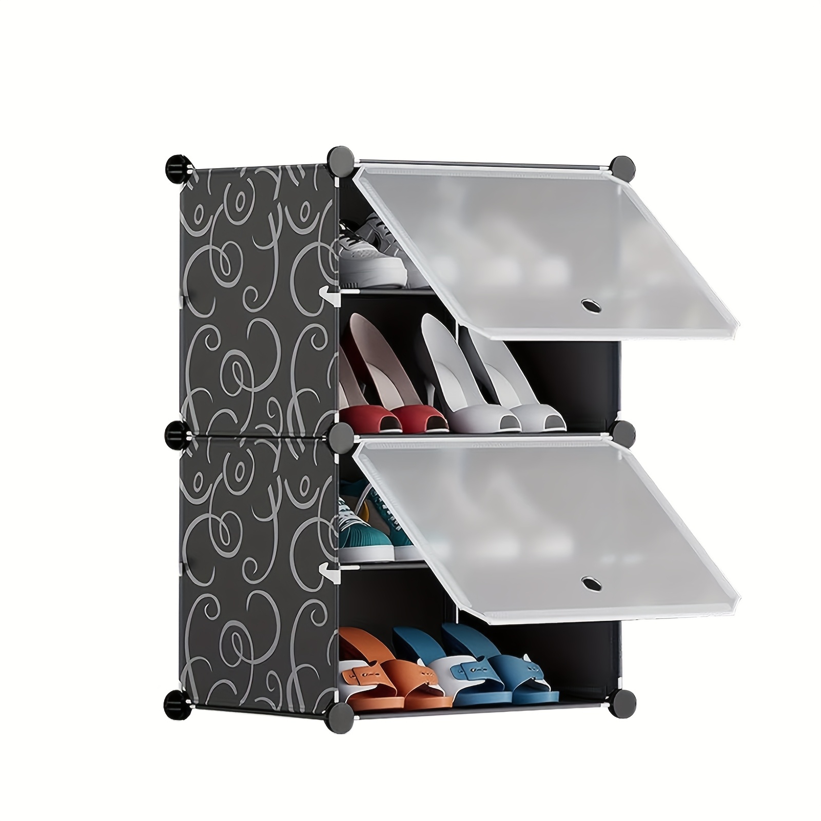 Image of Shoe Storage Unit With 4 Tiers And Doors - Made From Pp Plastic, It Accommodates 8 Pairs Of Shoes. This Slim Features A Surface To Clean And Requires Self-assembly