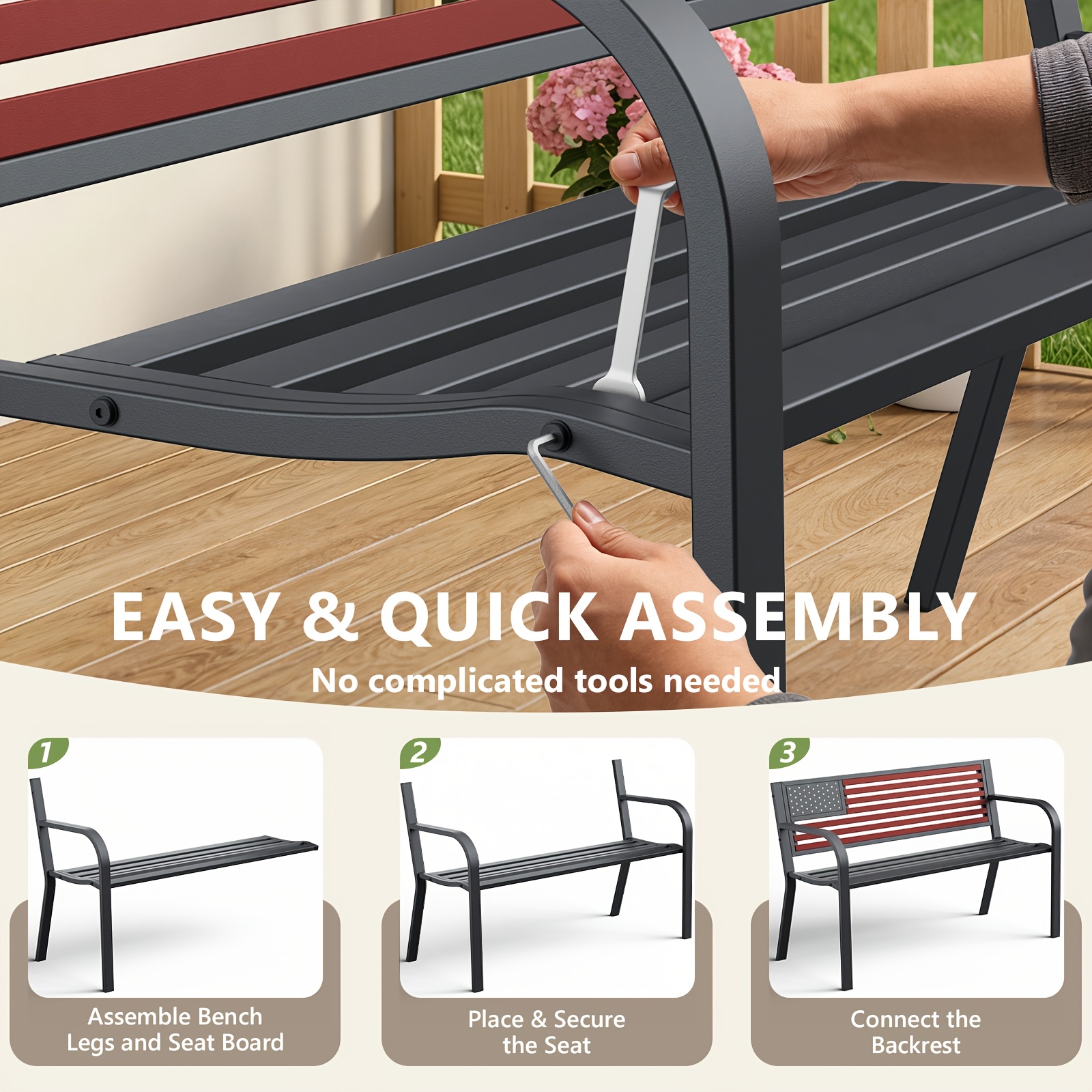 47-inch Pure Iron Casual Bench, Equipped with Ergonomic PVC Mesh Backrest, Non-slip Chair Legs And All-weather Design, Suitable for Outdoor, Garden, Yard And Poolside Areas