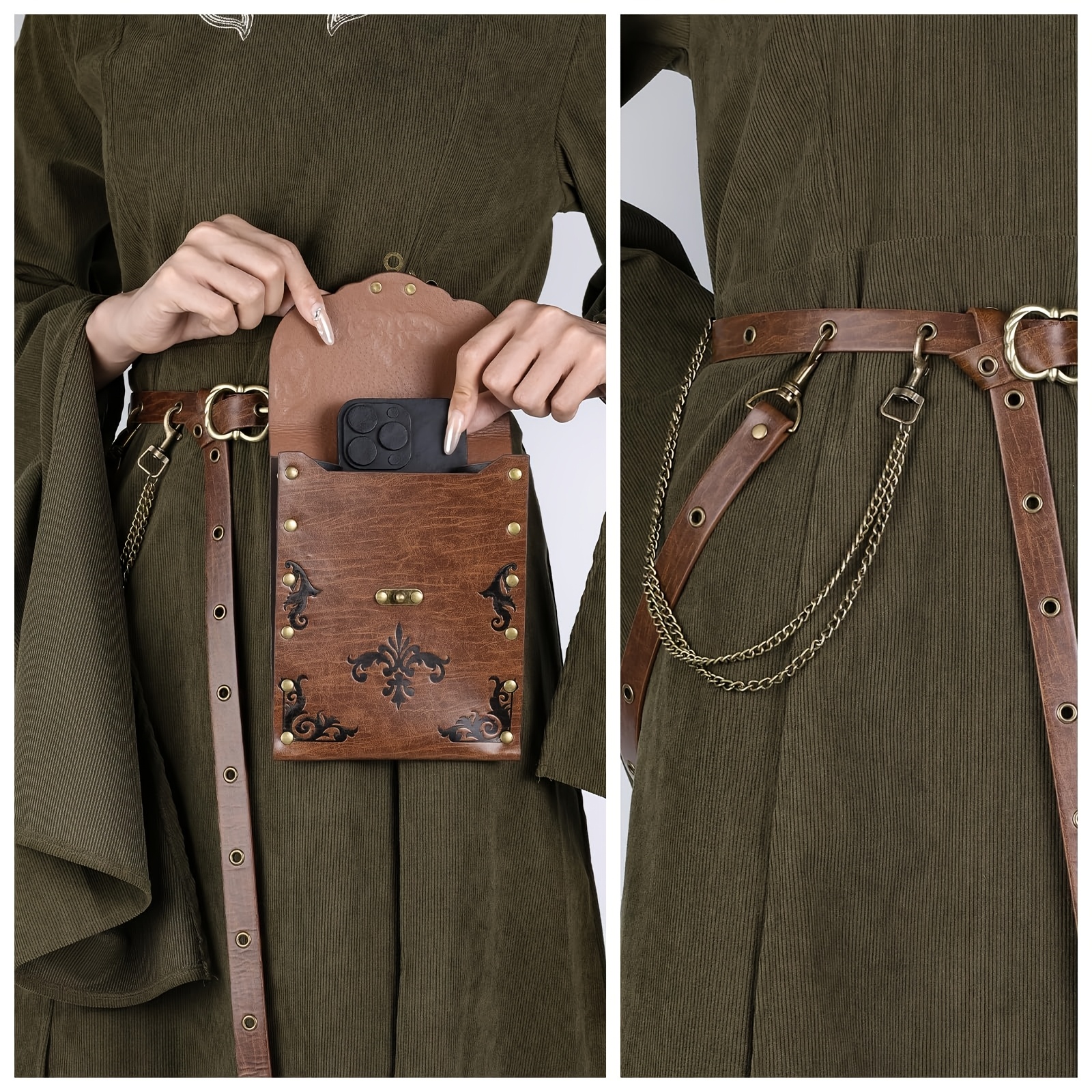 Medieval Belt with Renaissance Bag & Detachable Chains, Faux Leather Waist Pouch Medieval Cosplay Leather Belt With Coin Pouch, Renaissance  main image 4