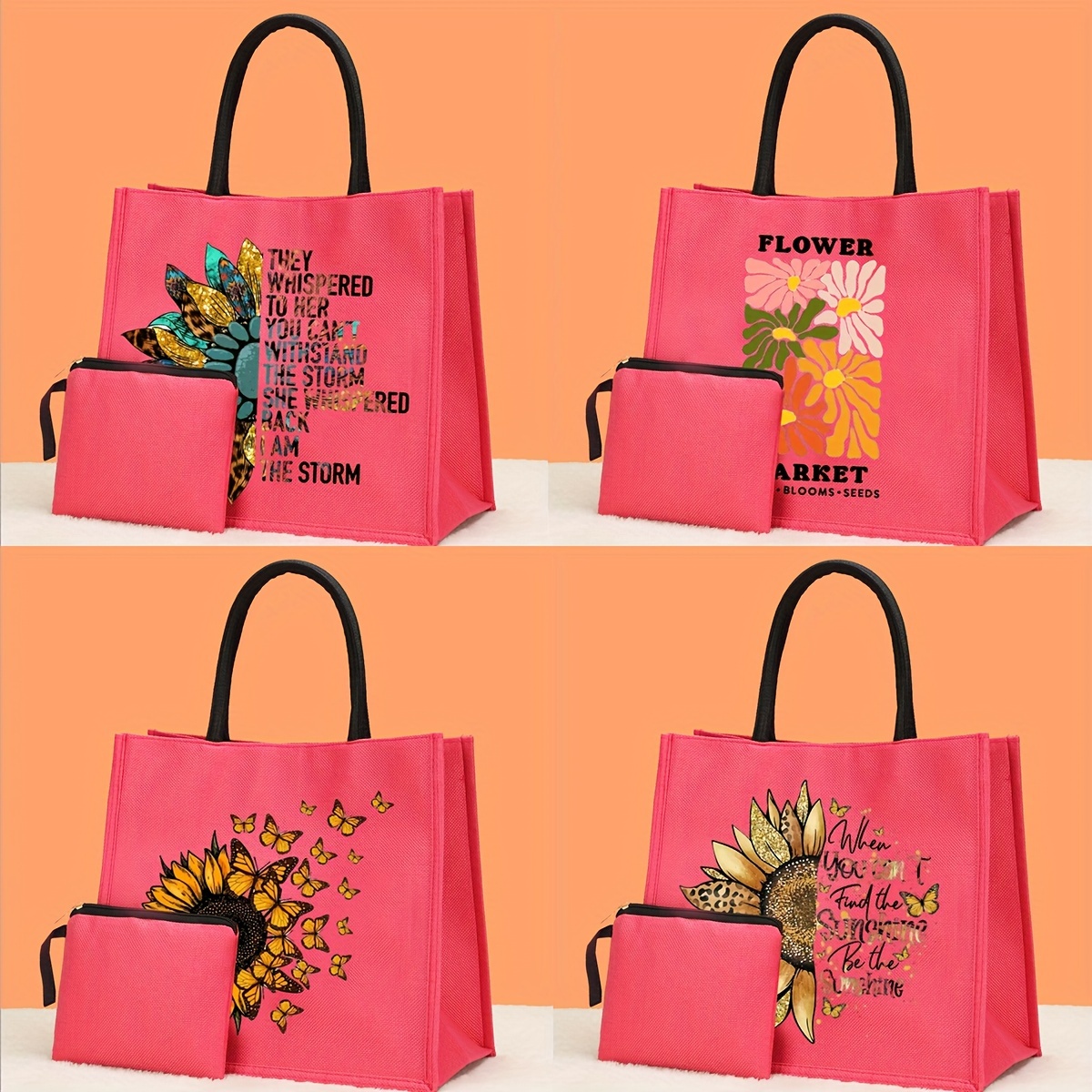 

2pcs Sunflower Pattern Tote Bag Set, Lightweight Burlap Shopping Bag, Portable Travel Beach Bag With Makeup Bag