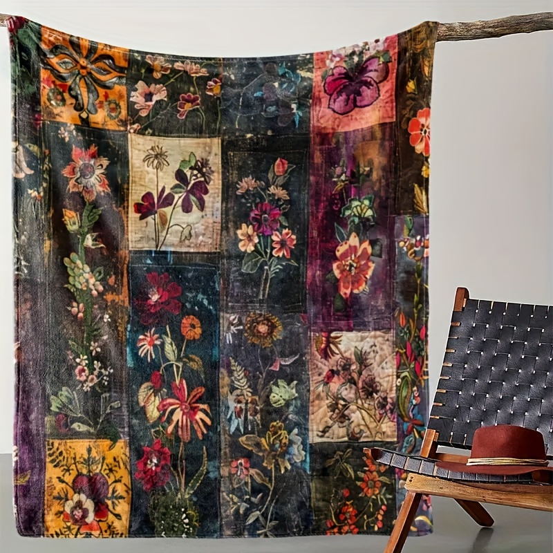 

Vintage Floral Patchwork Soft Flannel Throw Blanket - Cozy, All-season Sofa & Tv Blanket, 200-250g Polyester