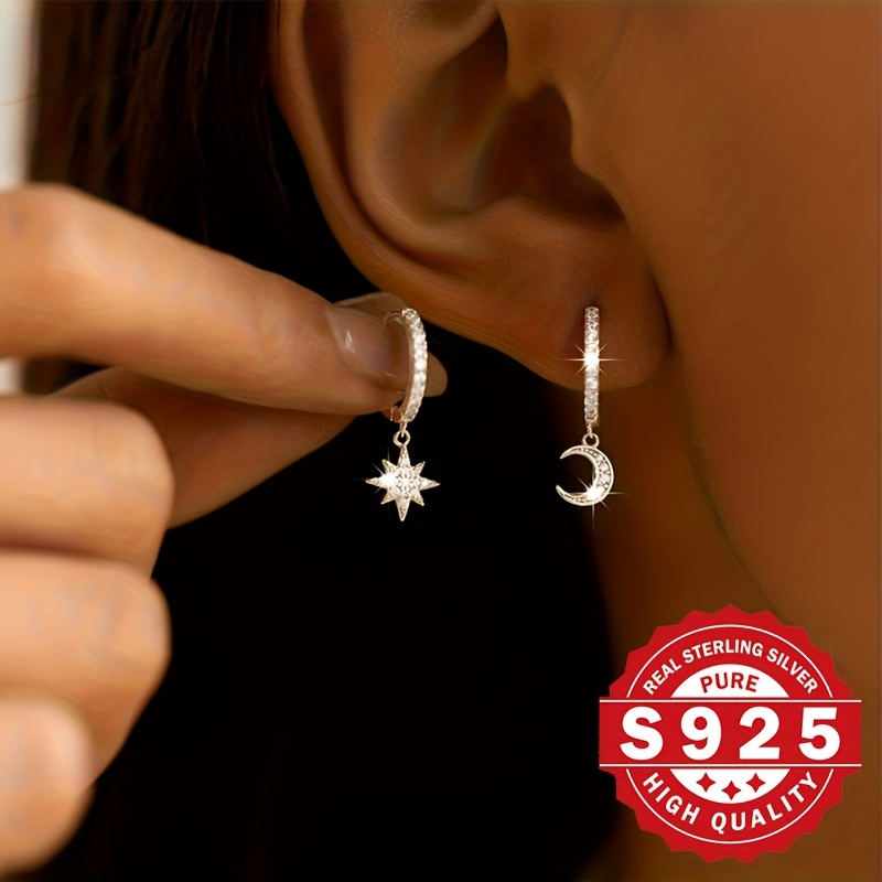 A Pair Of Women's Stud Earrings, S925 Sterling Silver, Asymmetrical Star And Design, Unique And Niche, Golden And Silver Colors Are , Suitable For Daily Wear, Hypoallergenic