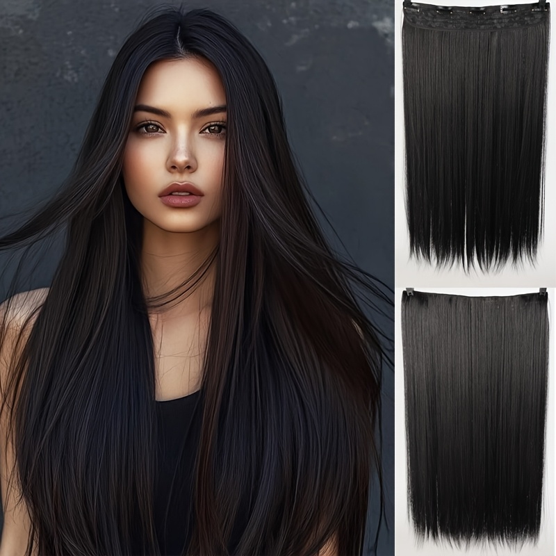 5 card straight hair clip in extensions natural black high quality synthetic hair for women easy to style blend   everyday or special occasions hair wigs versatile hairpiece sleek hairpiece heatresistant hair details 0