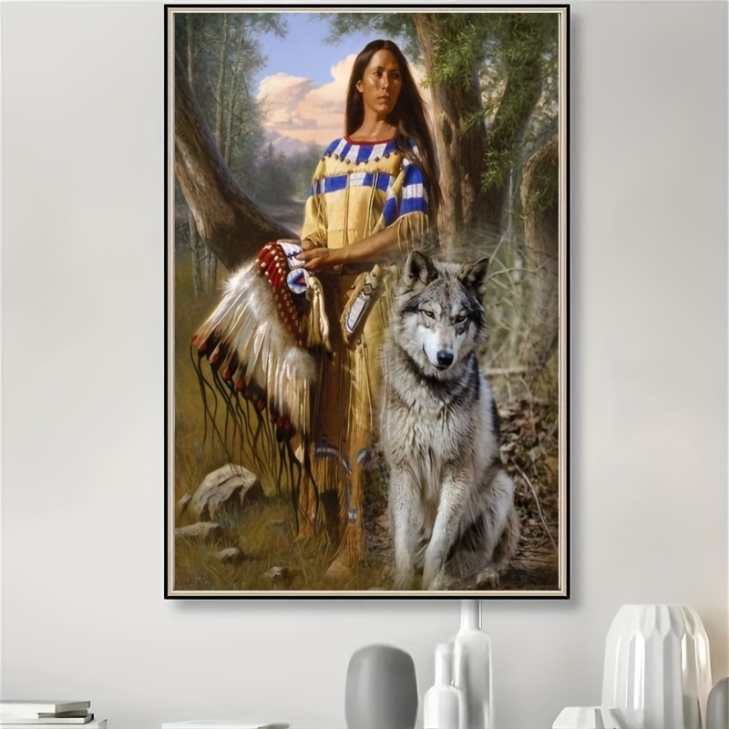 

5d Diy Diamond Painting Kit - Native American Woman With Wolf Mosaic Full Drill Round Diamond Art For Home Living Room Bedroom Decor, Acrylic (pmma) Craft Set