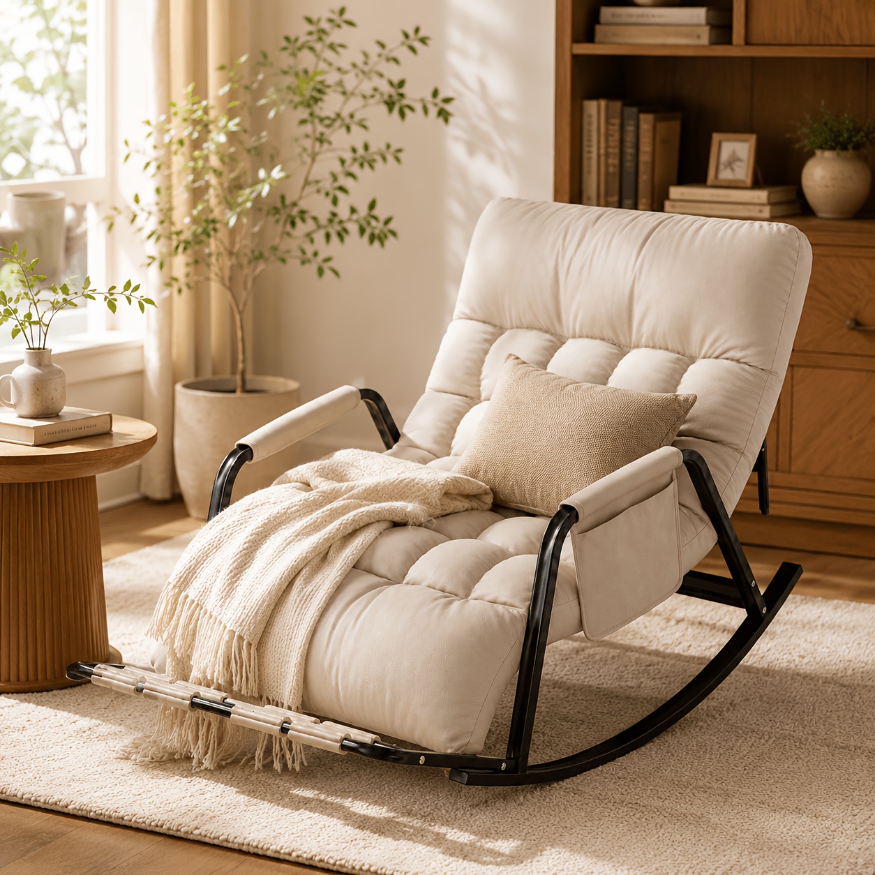 Image of Ergonomic Rocking Recliner, Double Seat Wide White Faux Leather Sofa Casual Armchair With Padded Backrest And Footrest Bar, Relaxing Recliner Suitable For Bedroom Living Room