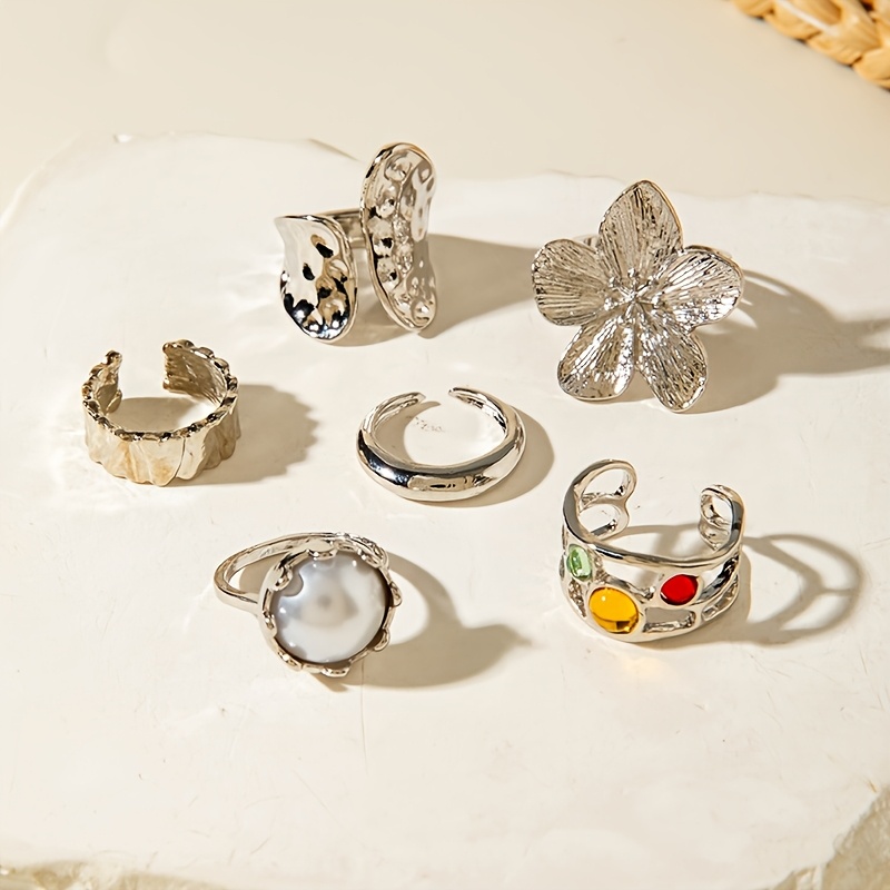 6pcs Unique Large Flower Hollow-Out Rhinestone Ring Set