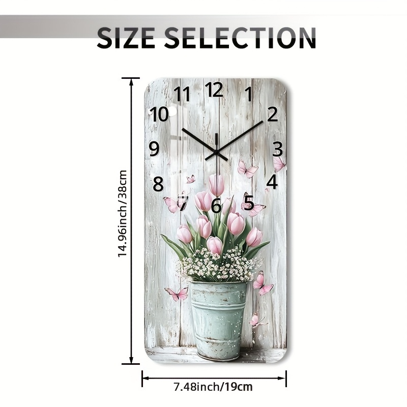 TEMU 1 Orologio da Parete in Legno Senza Ticchettio, Orologio Decorativo con Tulipani Rosa in un Secchio con . Design per , Cucina, Ufficio, Studio,