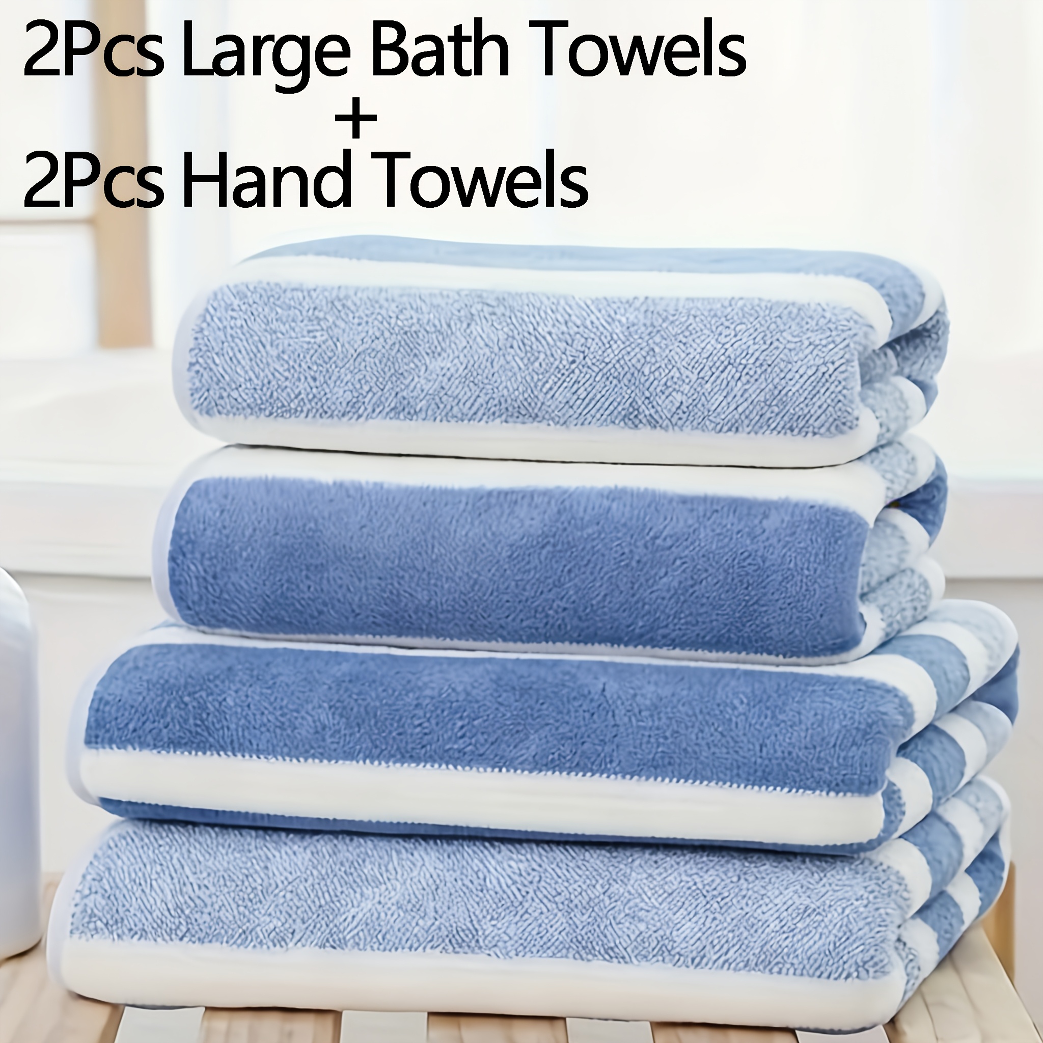 TEMU 2 Bath Towel(27.55in*55.11in) +2towel(13.77in*29.52in) Set, Striped Quick Drying Absorbent Towel, Plush Hand And Bath Towel Combo For Bathroom,