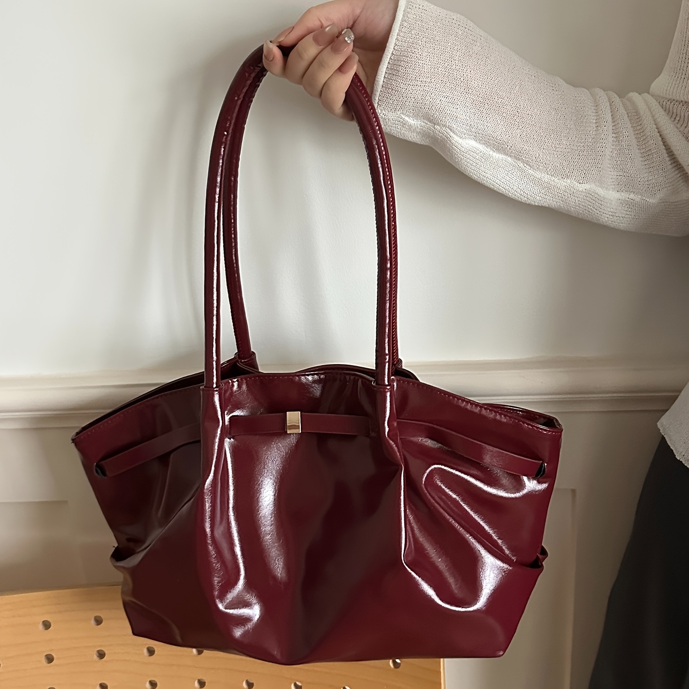 TEMU Vintage Wine-red Shoulder Bag, Tote Bag, Large-capacity Commuting Shoulder Bag, Glossy Texture Underarm Bag, Sophisticated Versatile Women',
