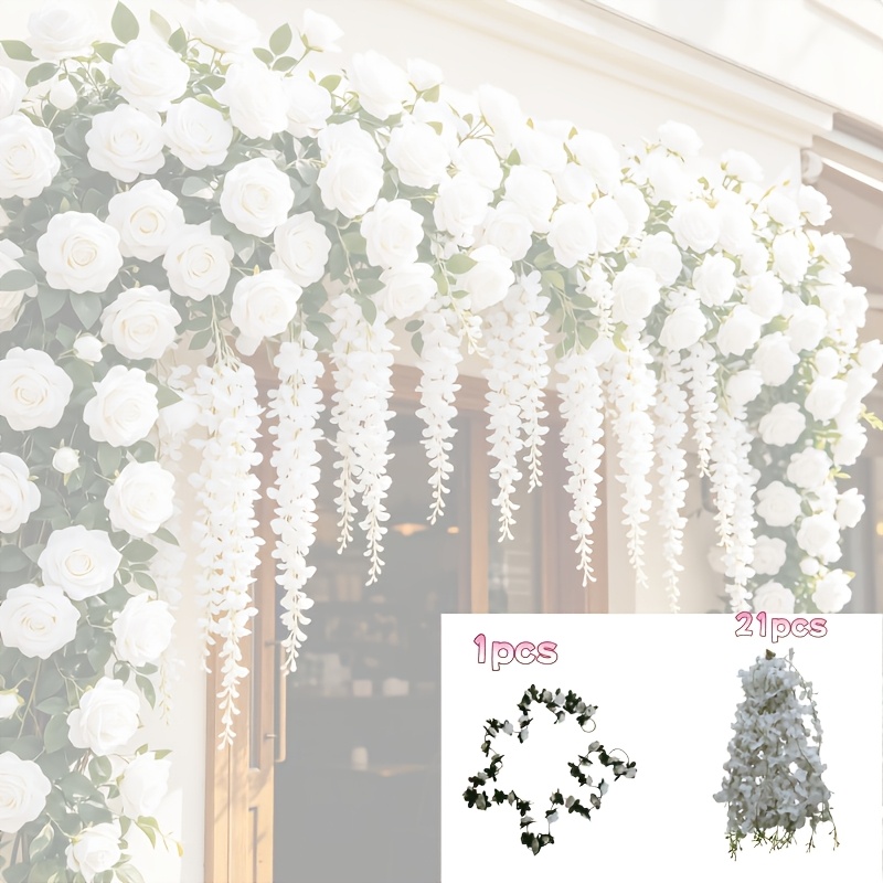 TEMU Ensemble Premium de 22 pièces - bandes de de roses blanches + Combinaison de fleurs de blanches et violettes, durables et faciles à accrocher.
