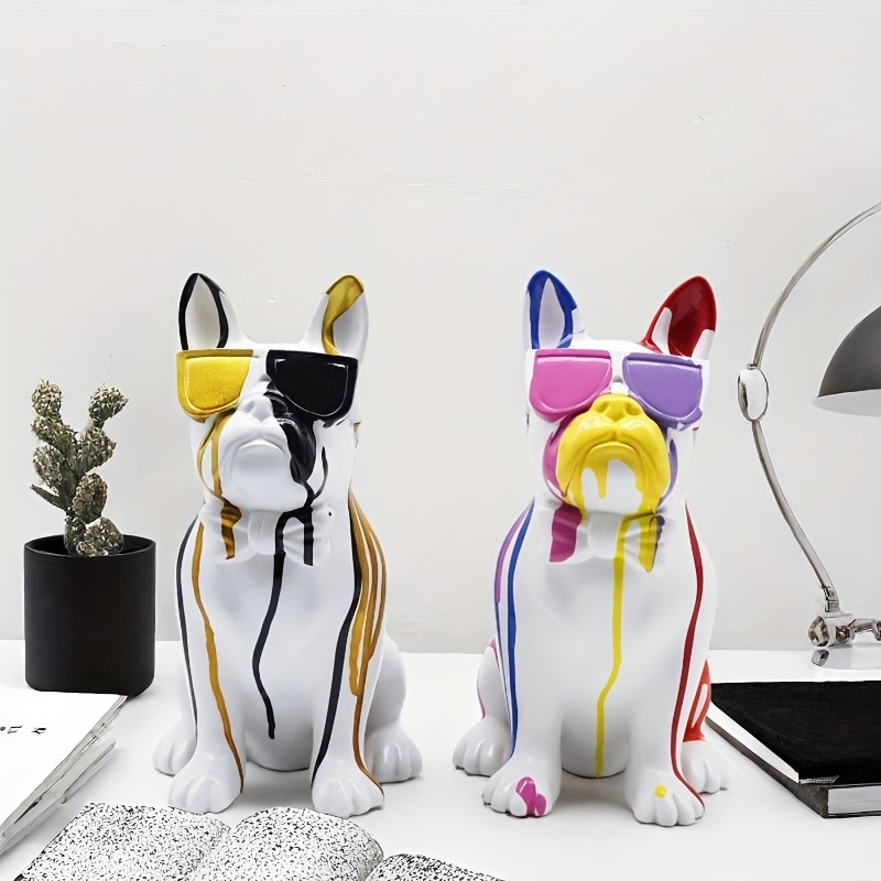 樹脂製のカラフルなフレンチブルドッグの像の装飾 サングラスをかけて