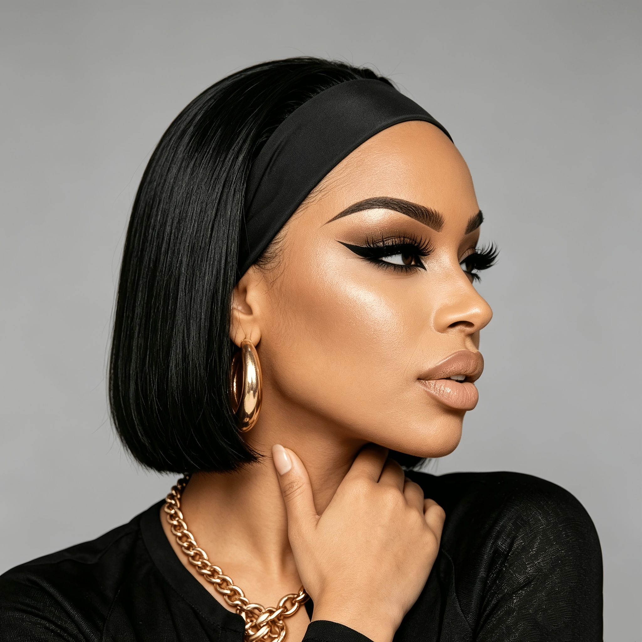 Image of Straight Bob Headband Bob Wig Hair 8inches, 150% Density Brazilian Human Hair For Women Full Machine Made Natural 1b Color For Daily Wear