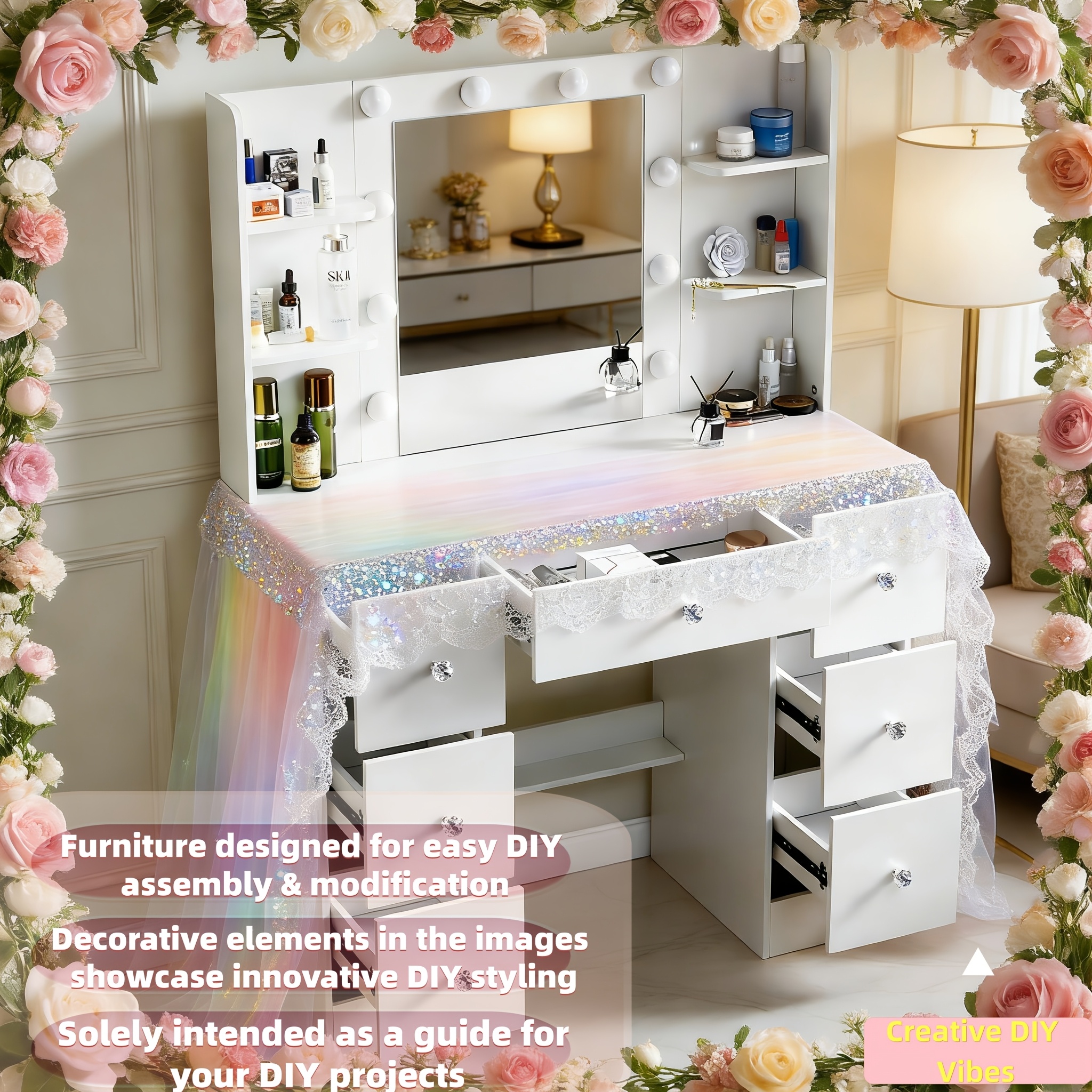 DIY-Friendly Modern Nordic Solid Wood Desk with Adjustable Lighting & LED Mirror