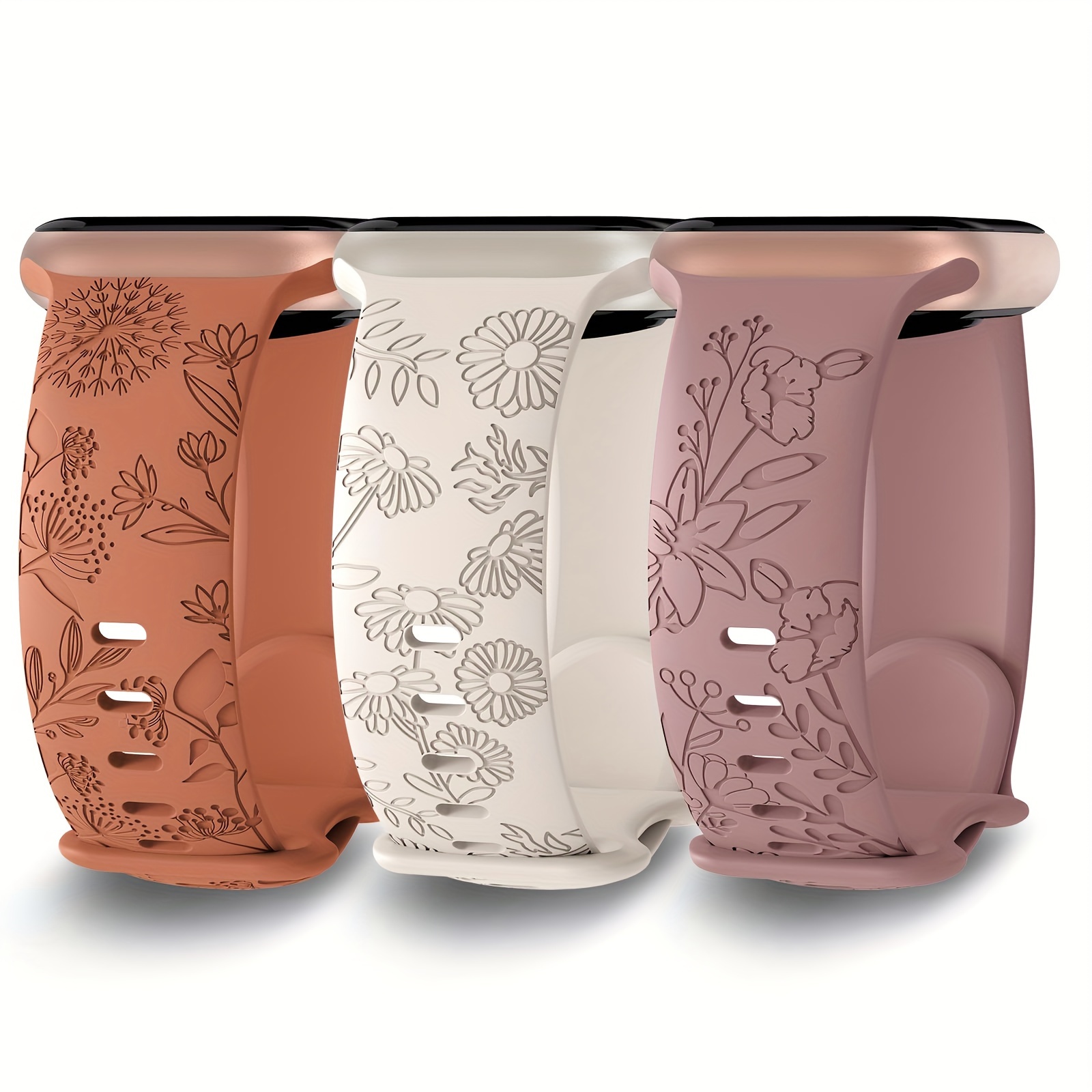 

3 Packs Floral Wildflowers Engraved Pattern Silicone Bands Compatible With 38mm 40mm 41mm 42mm 44mm 45mm 49mm, Replacement Sport Strap For Iwatch Series Ultra 8/7/6/5/4/3/2/1 Se Women Girls