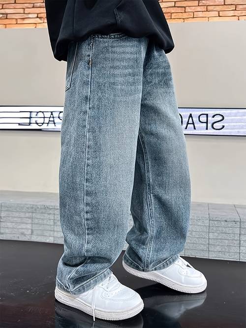 jongens non-stretch jeans - klassieke wijdpijp broek, - met riemlusjes voor alledaagse & formele outfits - wasbare casual broeken voor preteens, ontspannen , , kwaliteitsstikwerk, kinderkleding