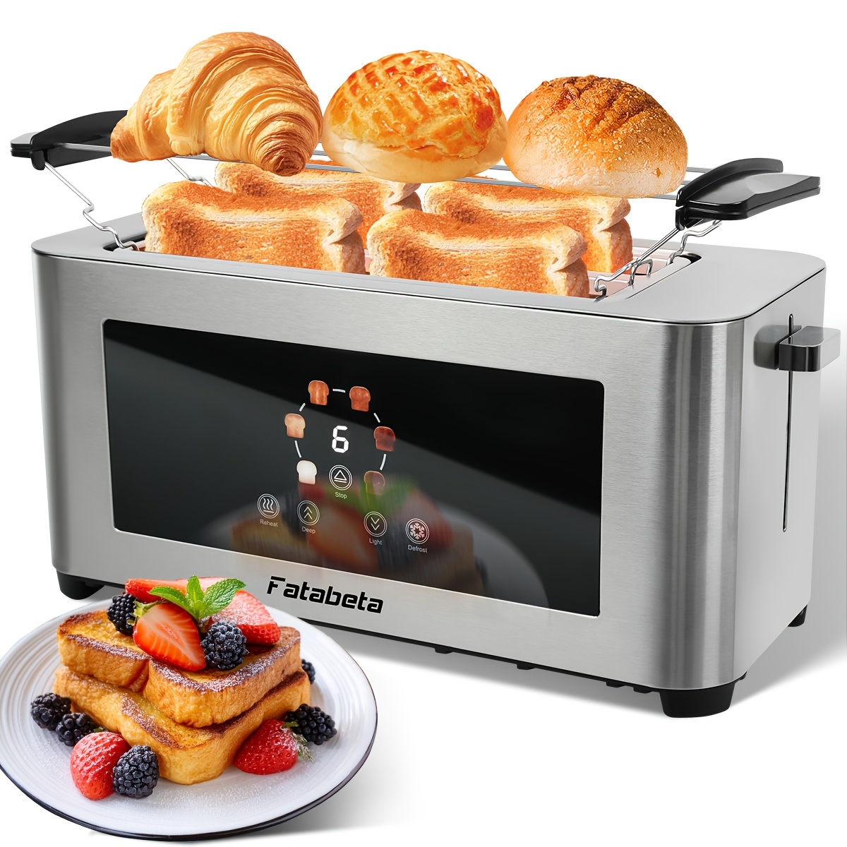 Image of Stainless Steel 1400w 4- Wide-slot Toaster, Lcd Touch Display With 6 Browning Levels, Built-in Bun Warmer & Removable Crumb Tray, Dual-side Toasting For Perfect Crispy