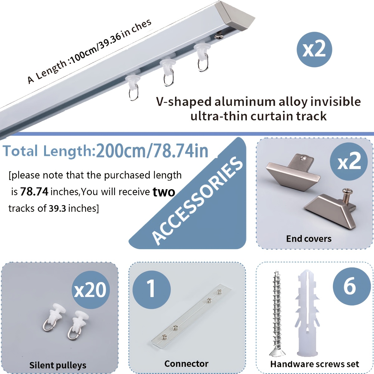 TEMU 1 Set Ultra-thin V-shaped Aluminum Alloy Invisible Curtain Track Adjustable&extendable Design, Ceiling/wall-mounted Silent Gliding Single Rail