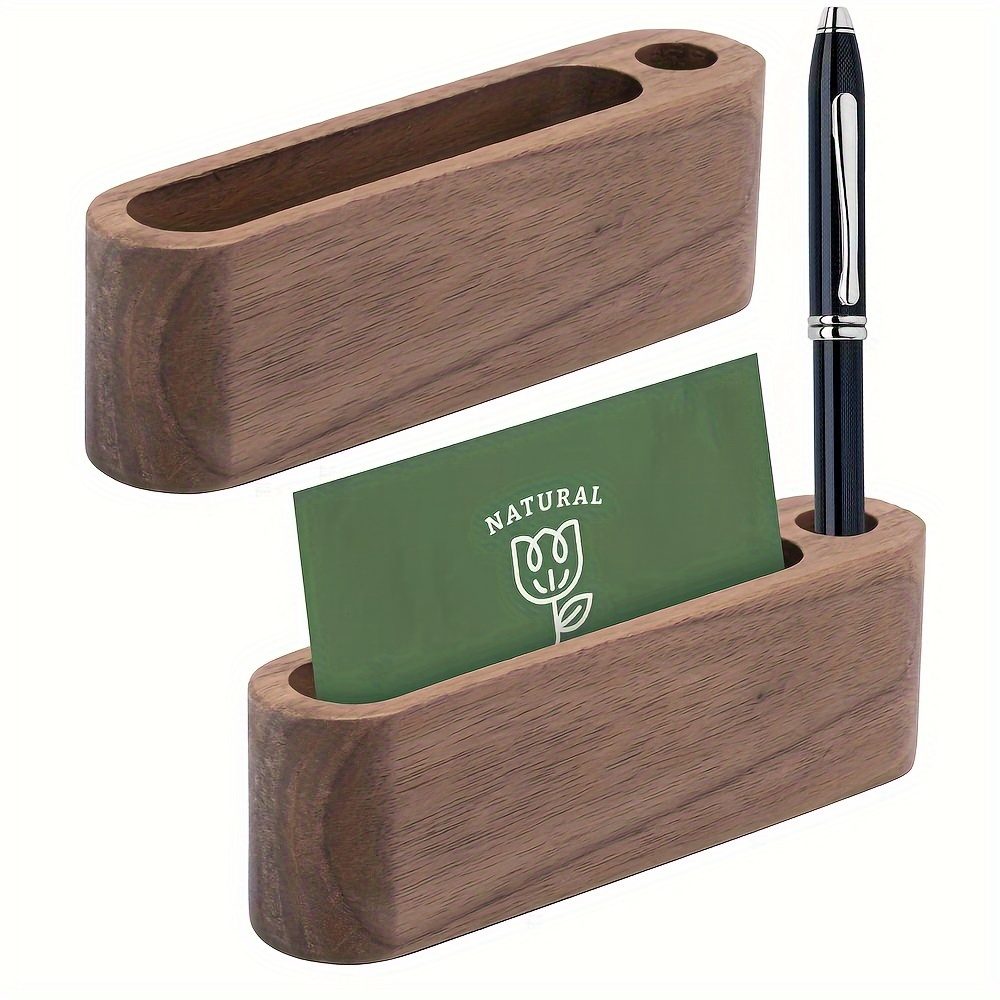 1pc Wood Business Card Holder With Pen Slot For Desk Wooden Display  Business Memo Pad Cards Stand Box For Office Tabletop