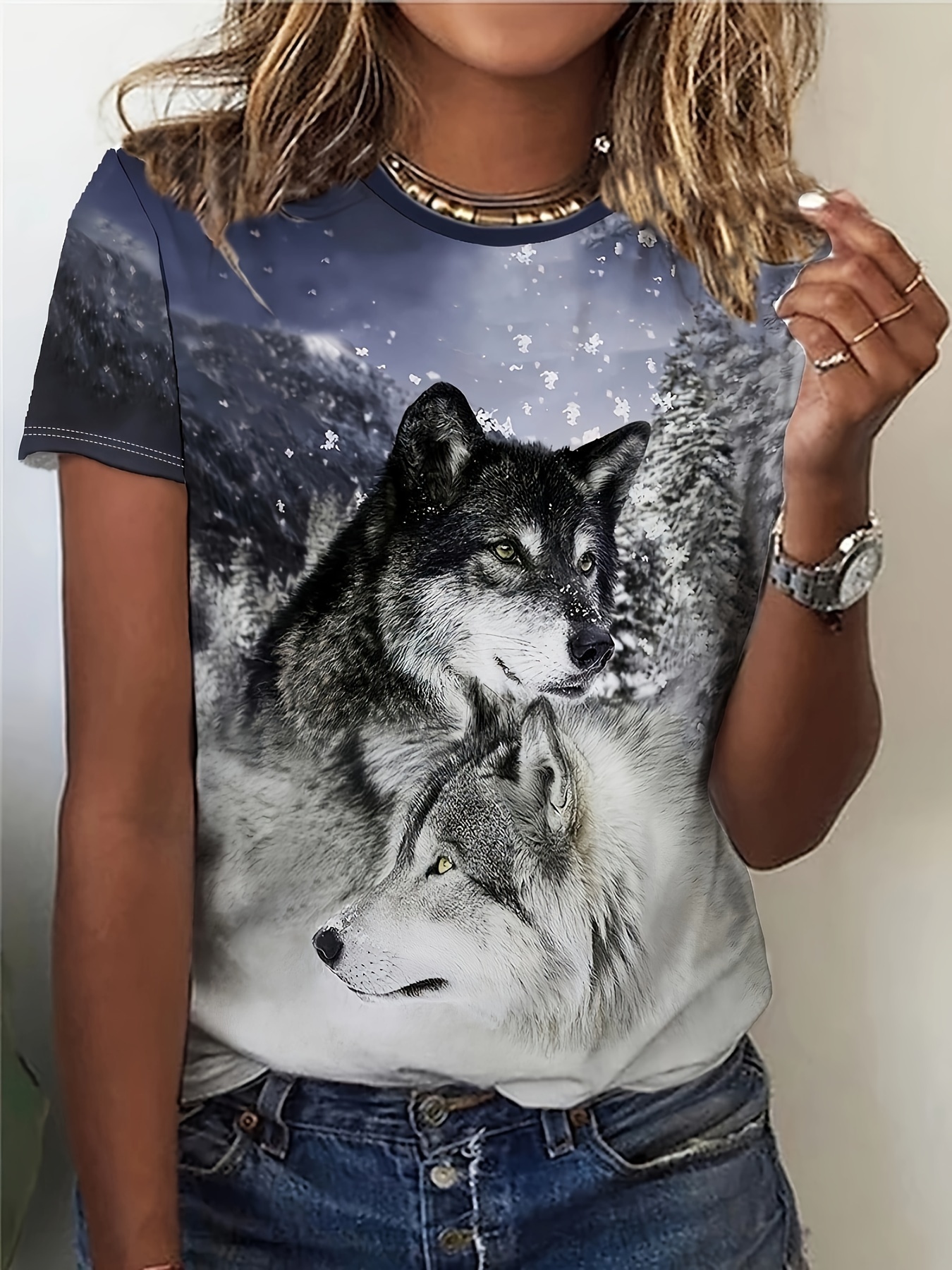 womens casual short sleeve t shirt with winter wolves   print 100 polyester medium   washable round neck regular fit for spring summer fall seasonal layering piece graphic tee polyester fabric