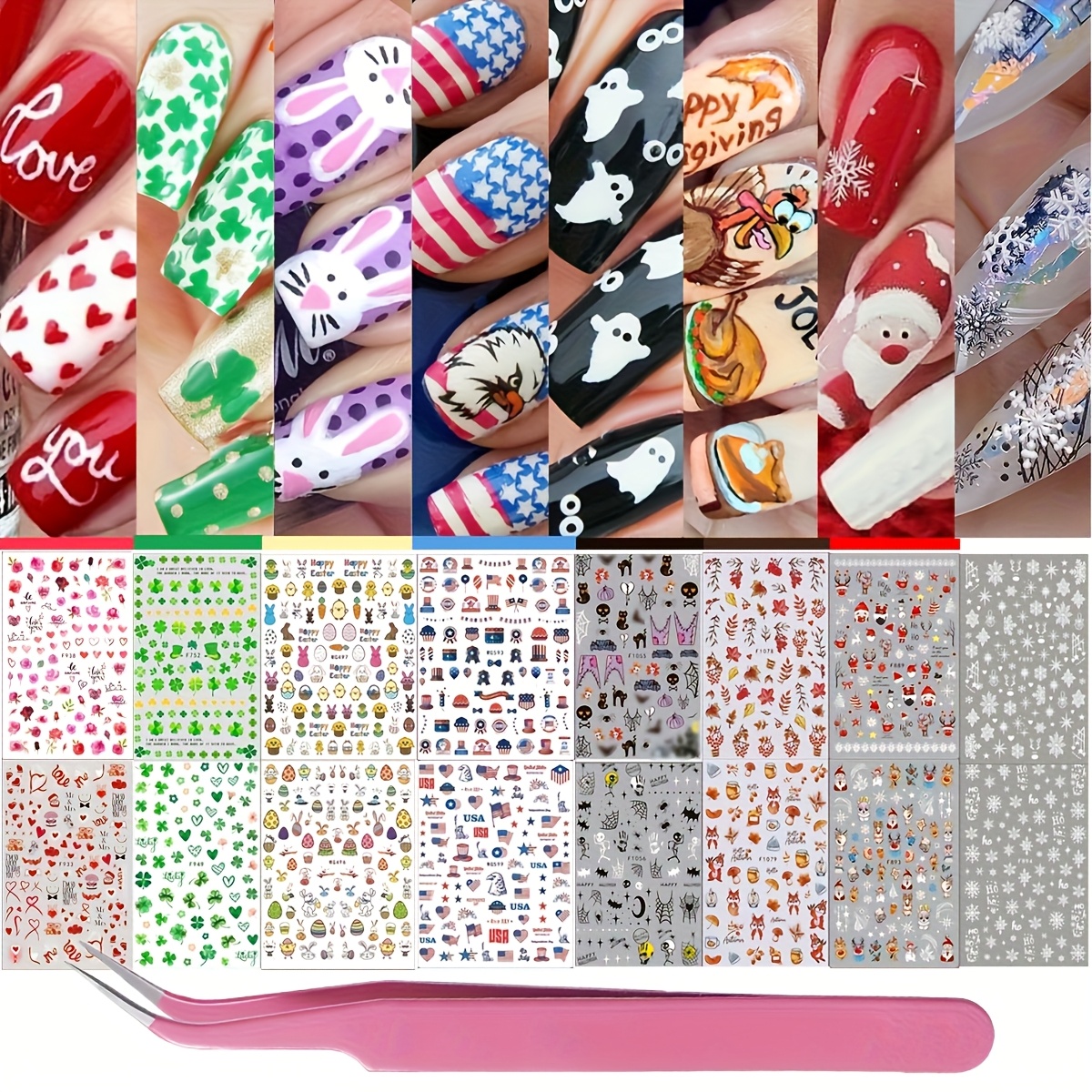 TEMU 16 Sheets 7 Holiday Nail Art Stickers, Season Nail Decals For All Year With Tweezers, 3d Self-adhesive Nail Decoration - With Easter Halloween Fall Christmas Valentine 's Day